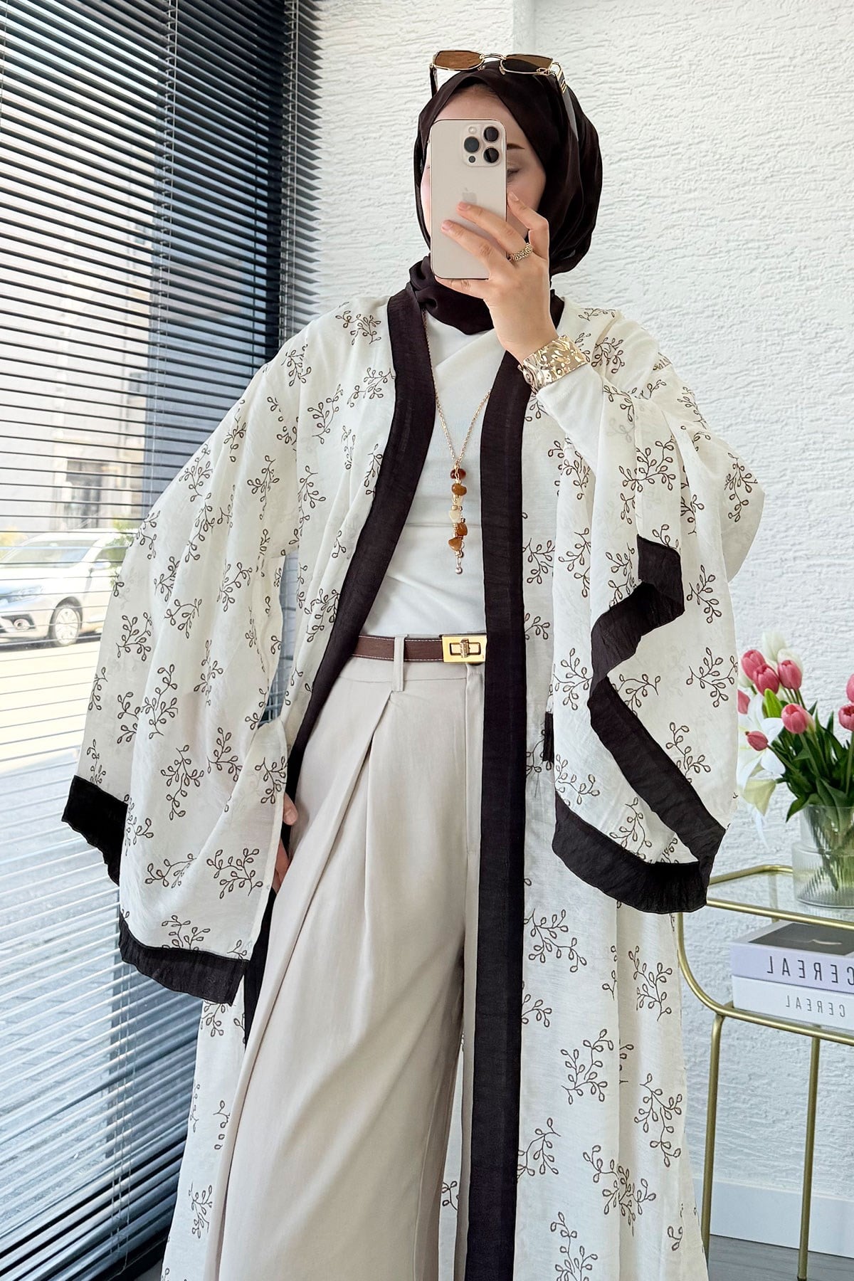 Premium Yarasa Kol Tül Modal Uzun Kimono - Bej