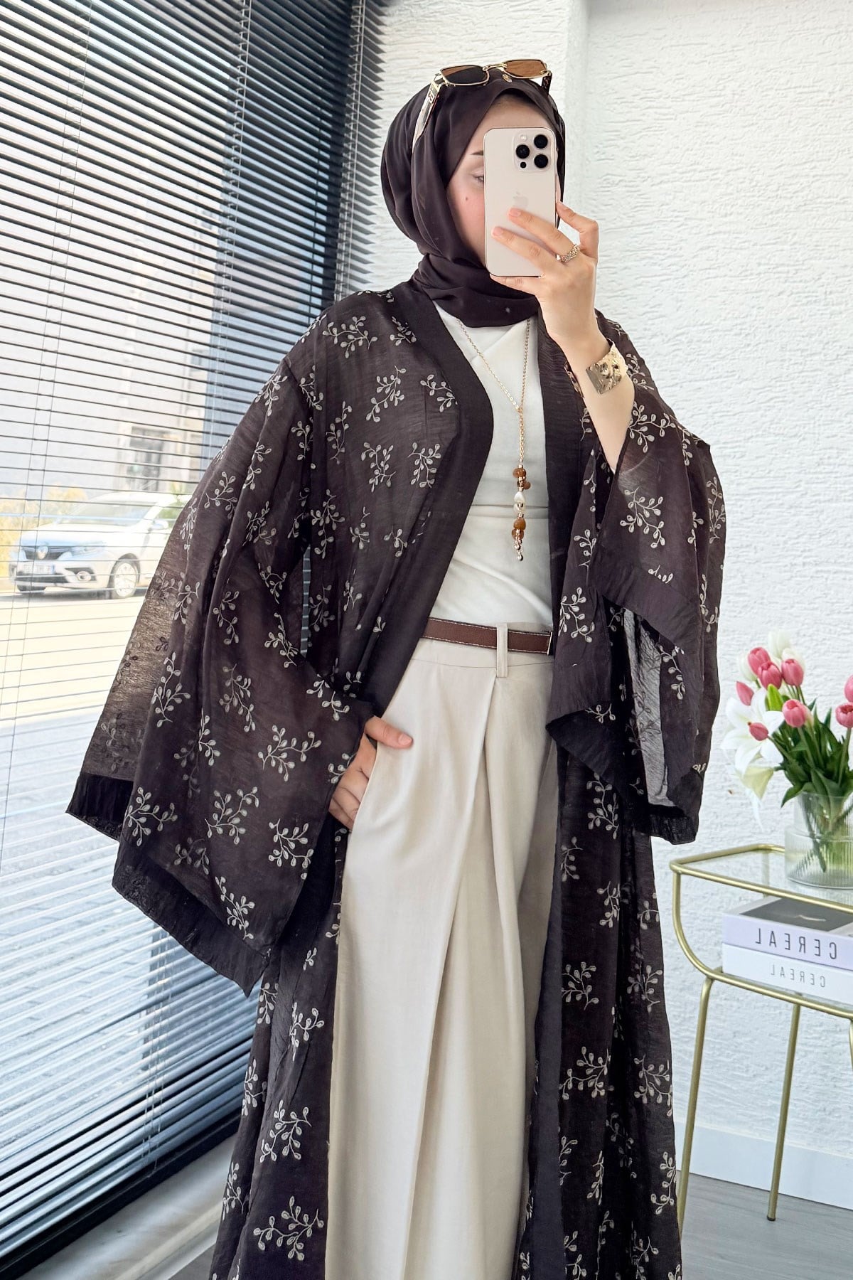 Premium Yarasa Kol Tül Modal Uzun Kimono - Kahverengi