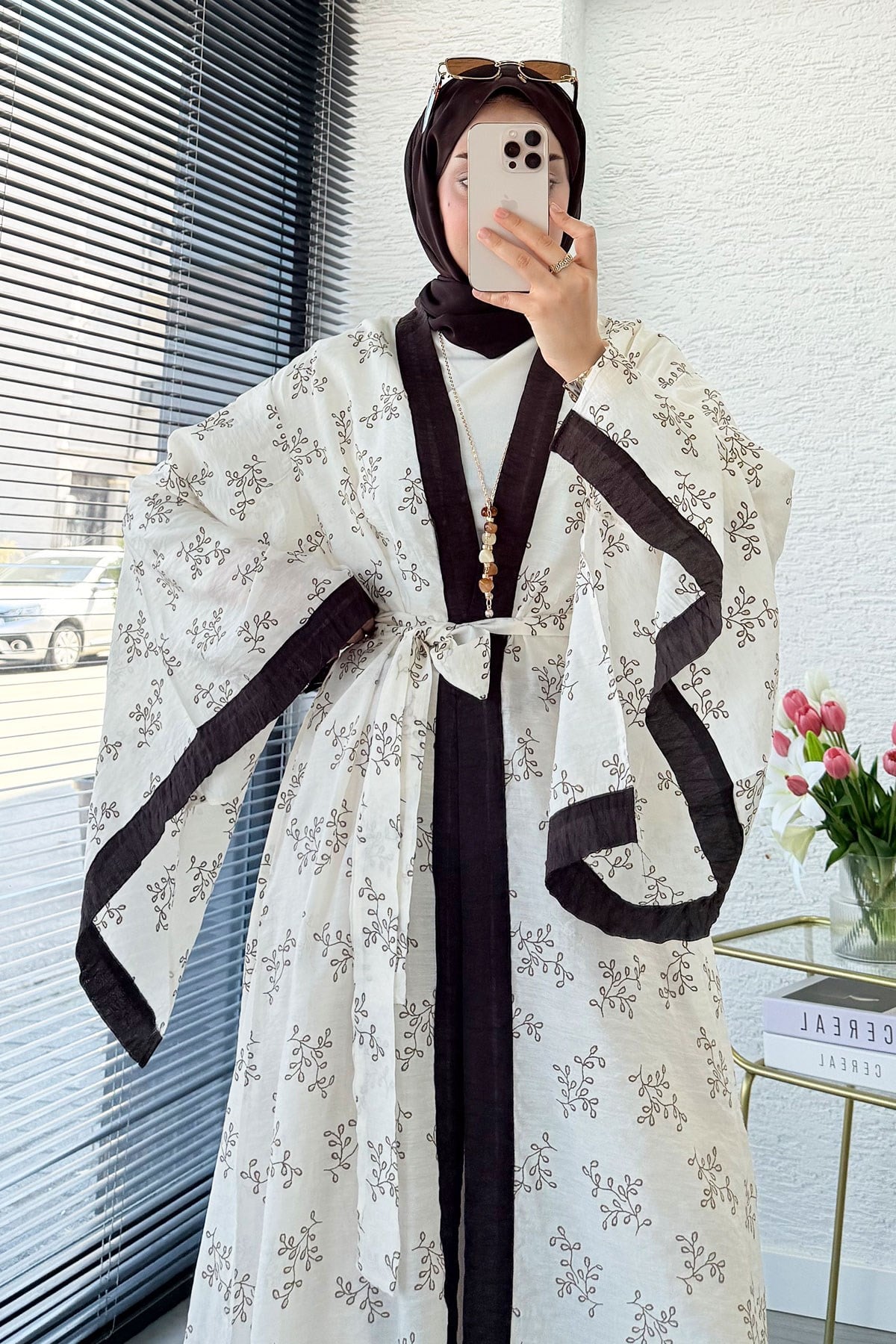 Premium Yarasa Kol Tül Modal Uzun Kimono - Bej