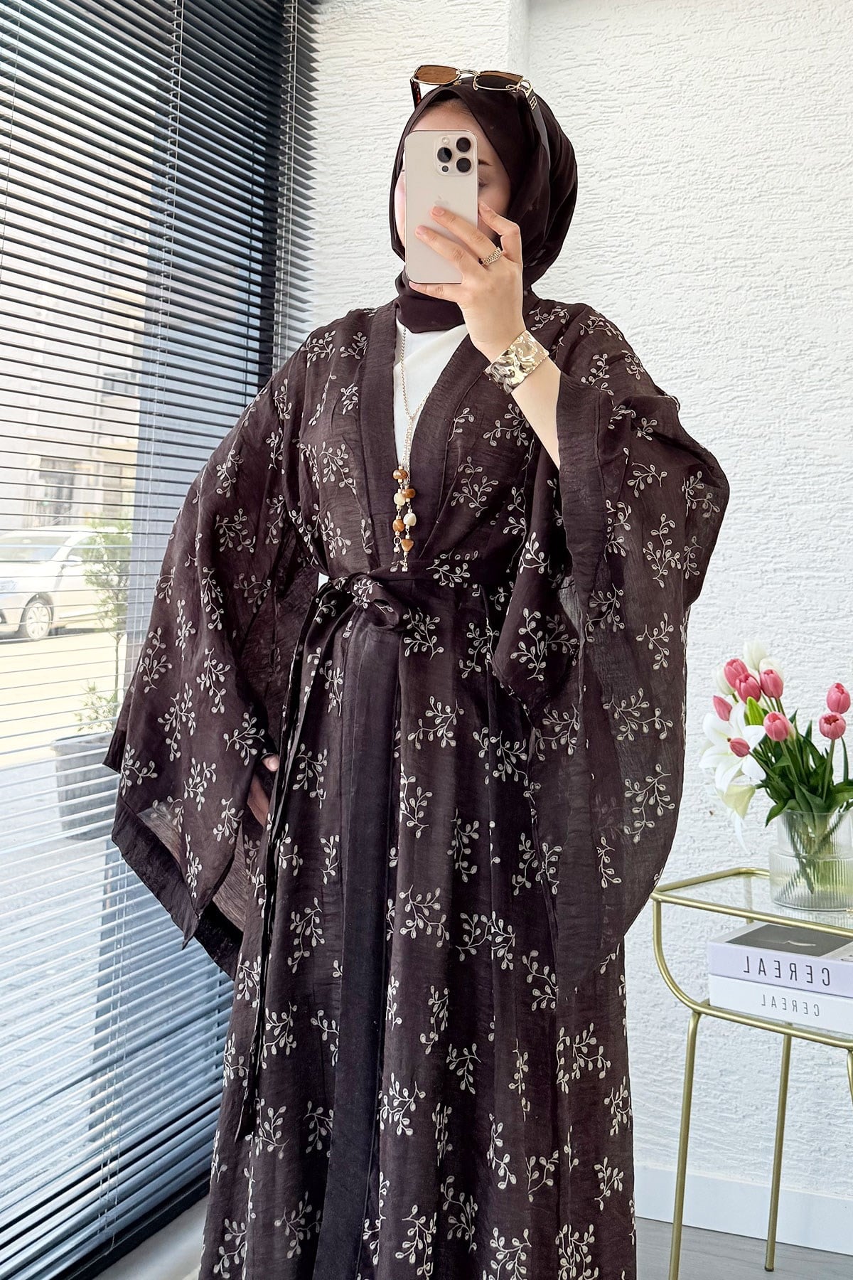 Premium Yarasa Kol Tül Modal Uzun Kimono - Kahverengi