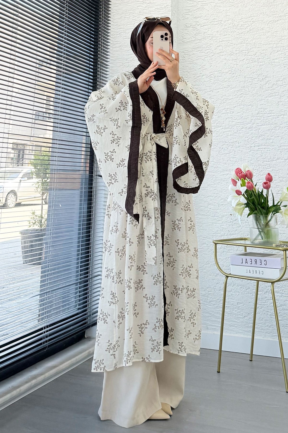 Premium Yarasa Kol Tül Modal Uzun Kimono - Bej