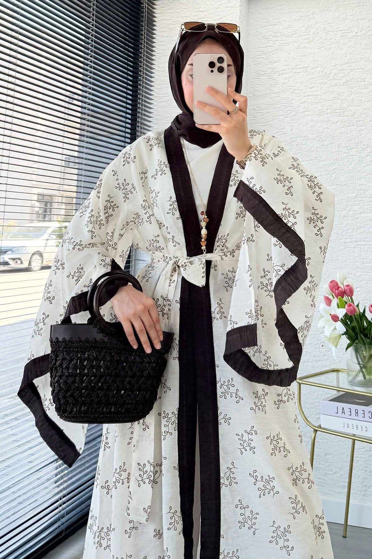 Premium Yarasa Kol Tül Modal Uzun Kimono - Bej