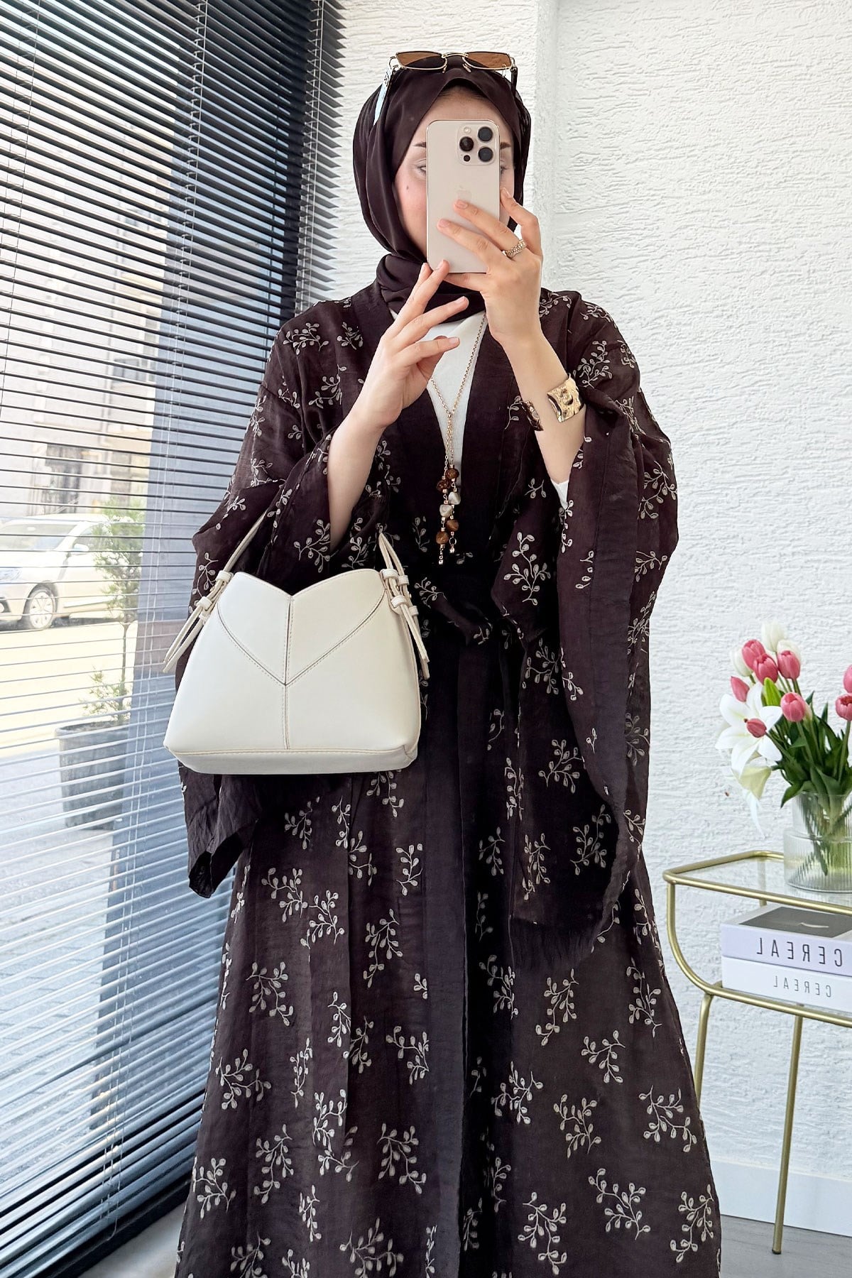 Premium Yarasa Kol Tül Modal Uzun Kimono - Kahverengi