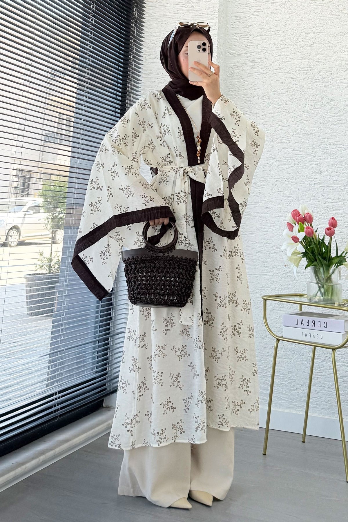 Premium Yarasa Kol Tül Modal Uzun Kimono - Bej