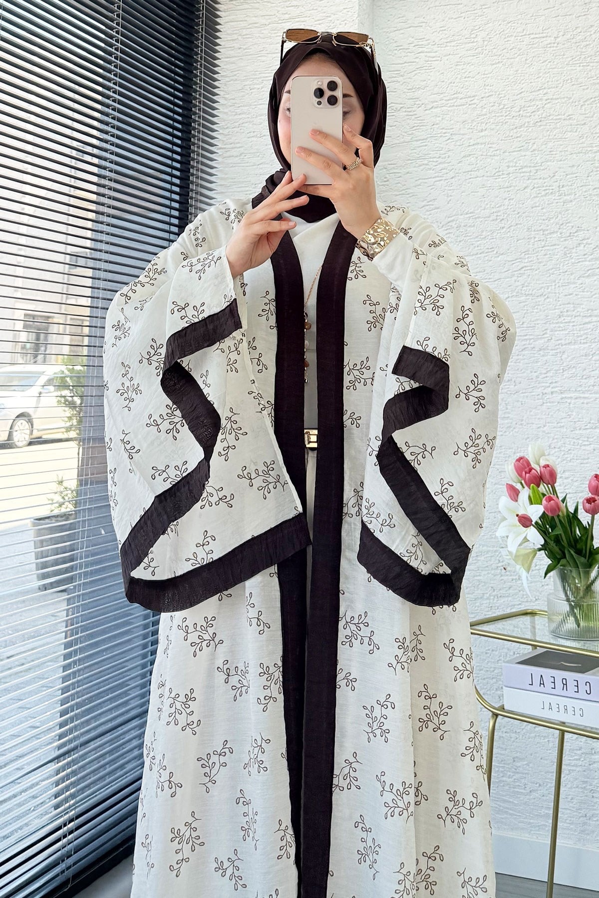 Premium Yarasa Kol Tül Modal Uzun Kimono - Bej