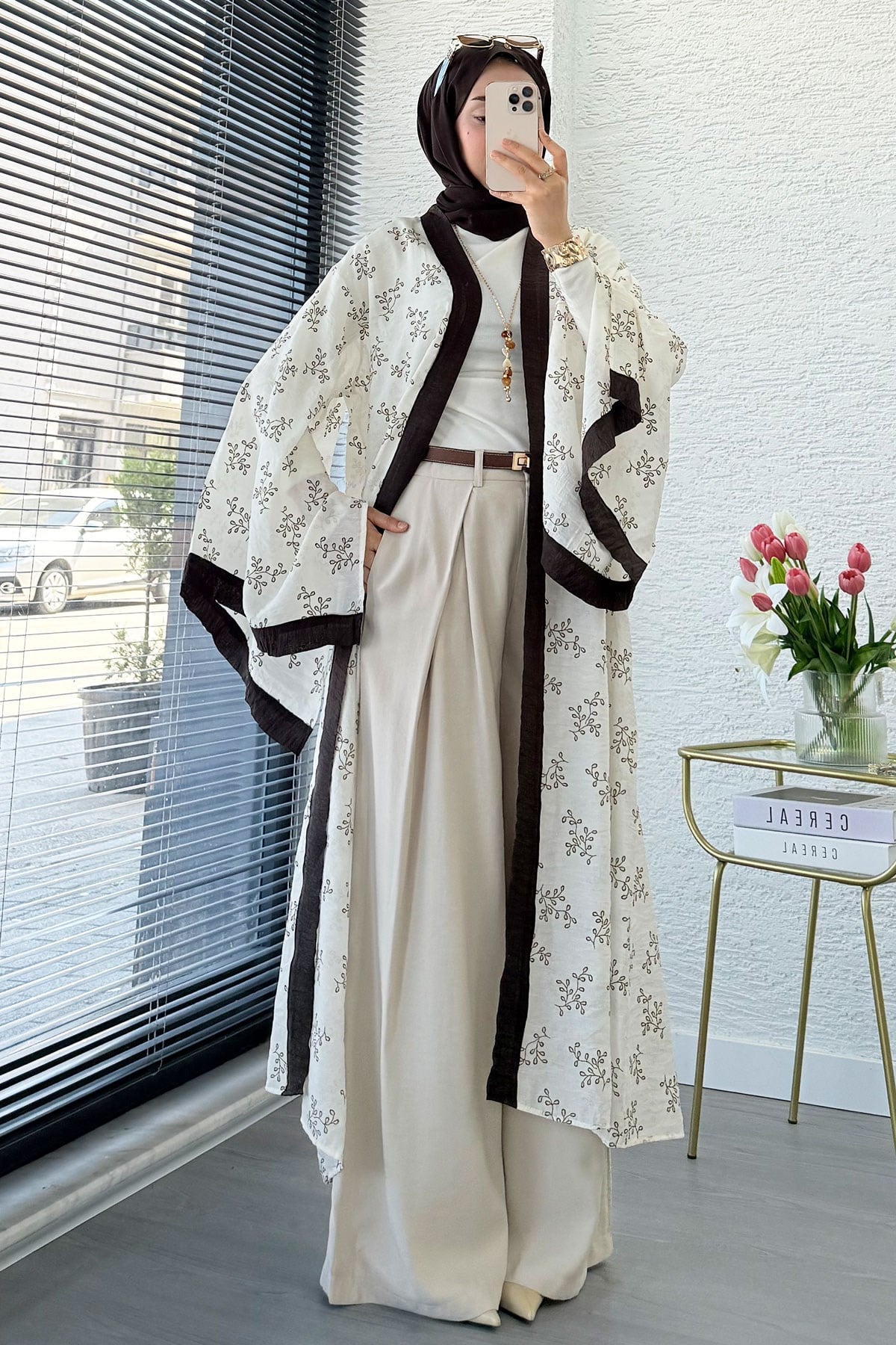 Premium Yarasa Kol Tül Modal Uzun Kimono - Bej