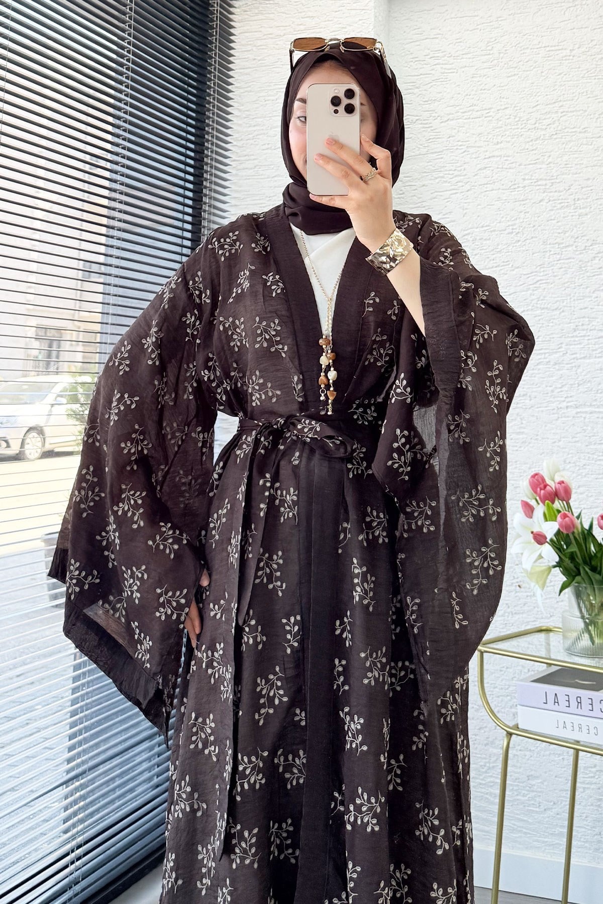 Premium Yarasa Kol Tül Modal Uzun Kimono - Kahverengi