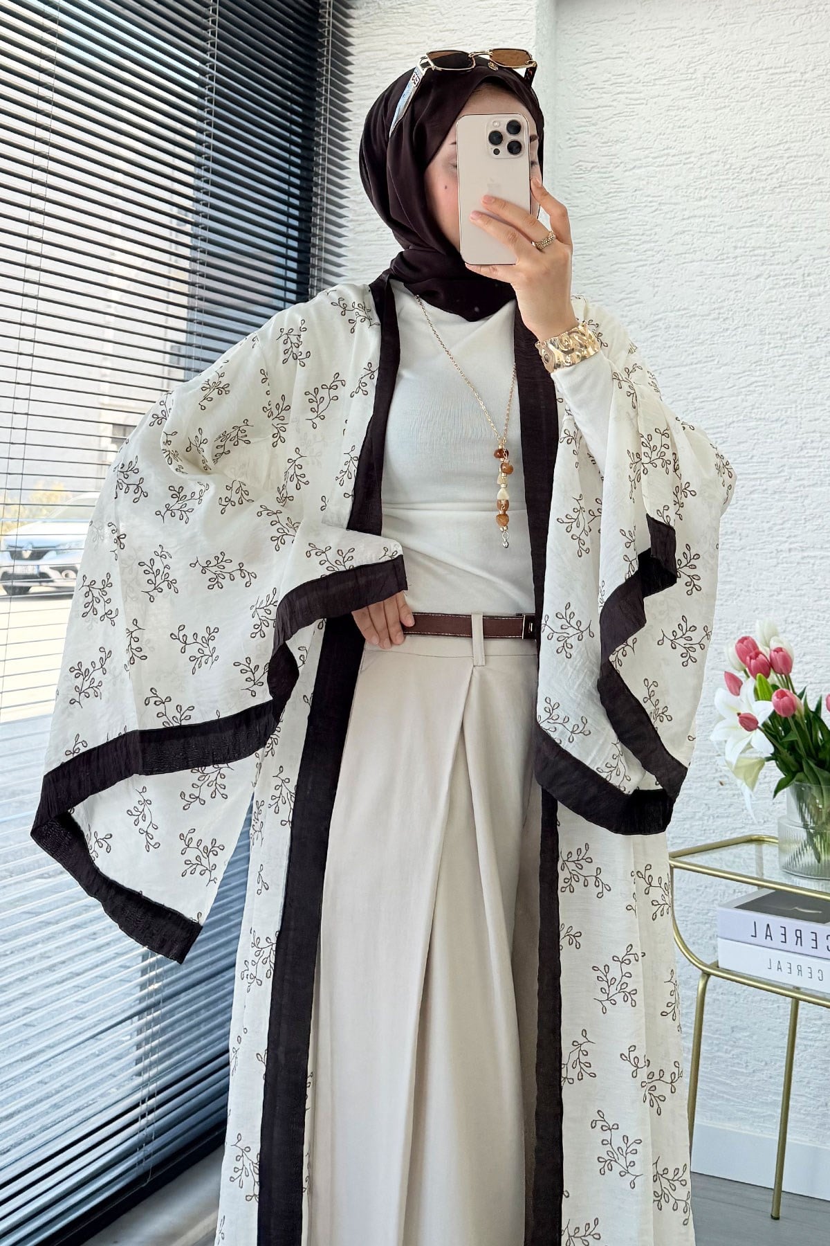 Premium Yarasa Kol Tül Modal Uzun Kimono - Bej