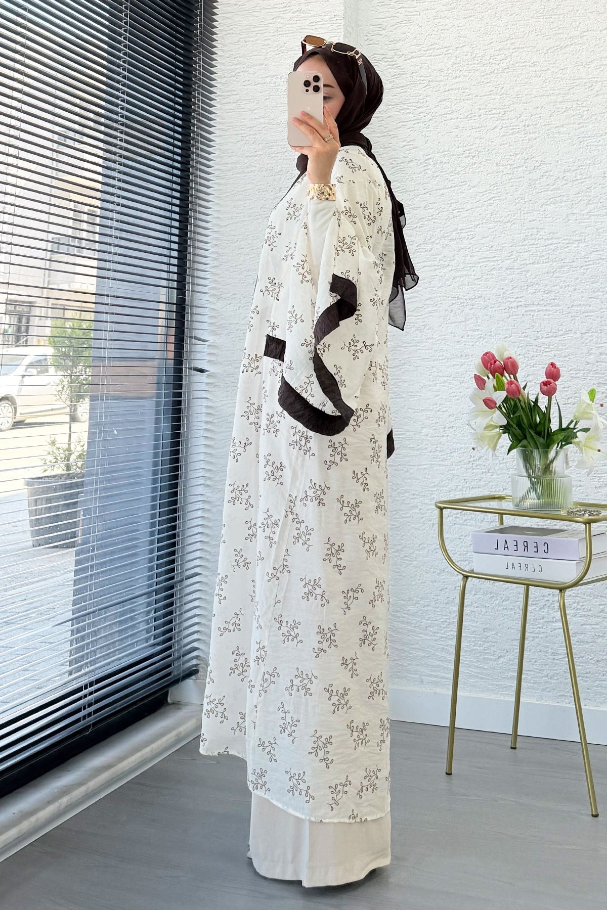 Premium Yarasa Kol Tül Modal Uzun Kimono - Bej