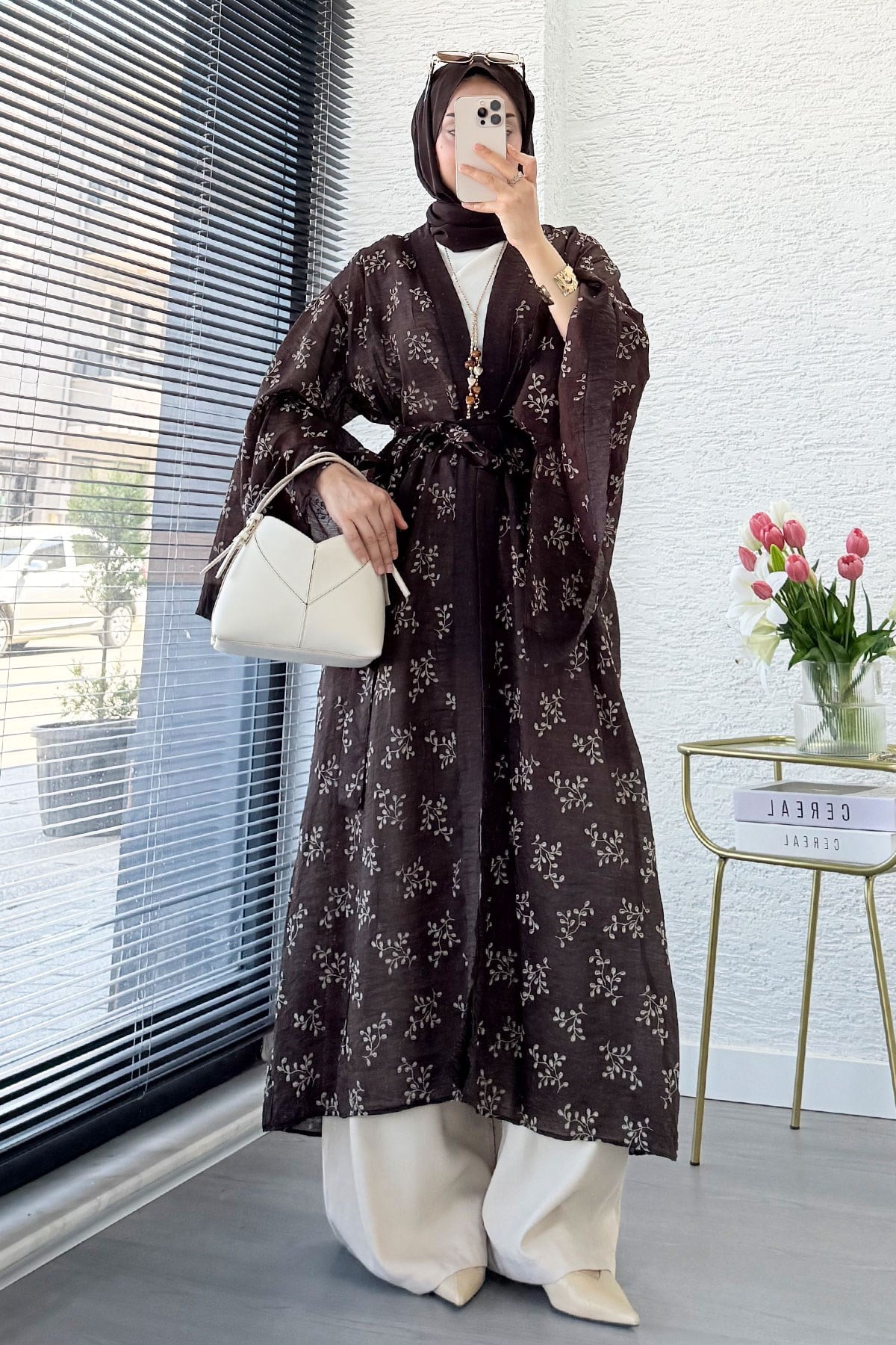 Premium Yarasa Kol Tül Modal Uzun Kimono - Kahverengi