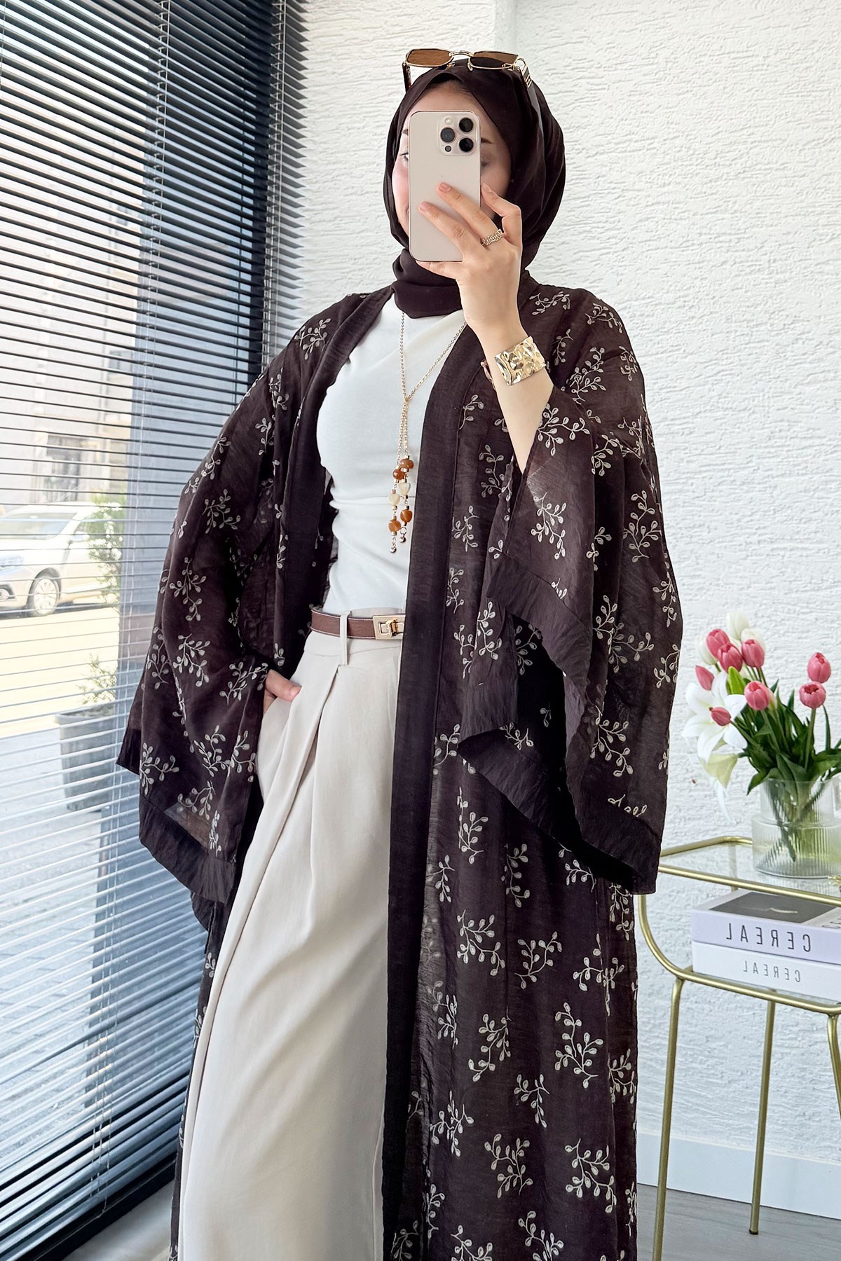 Premium Yarasa Kol Tül Modal Uzun Kimono - Kahverengi
