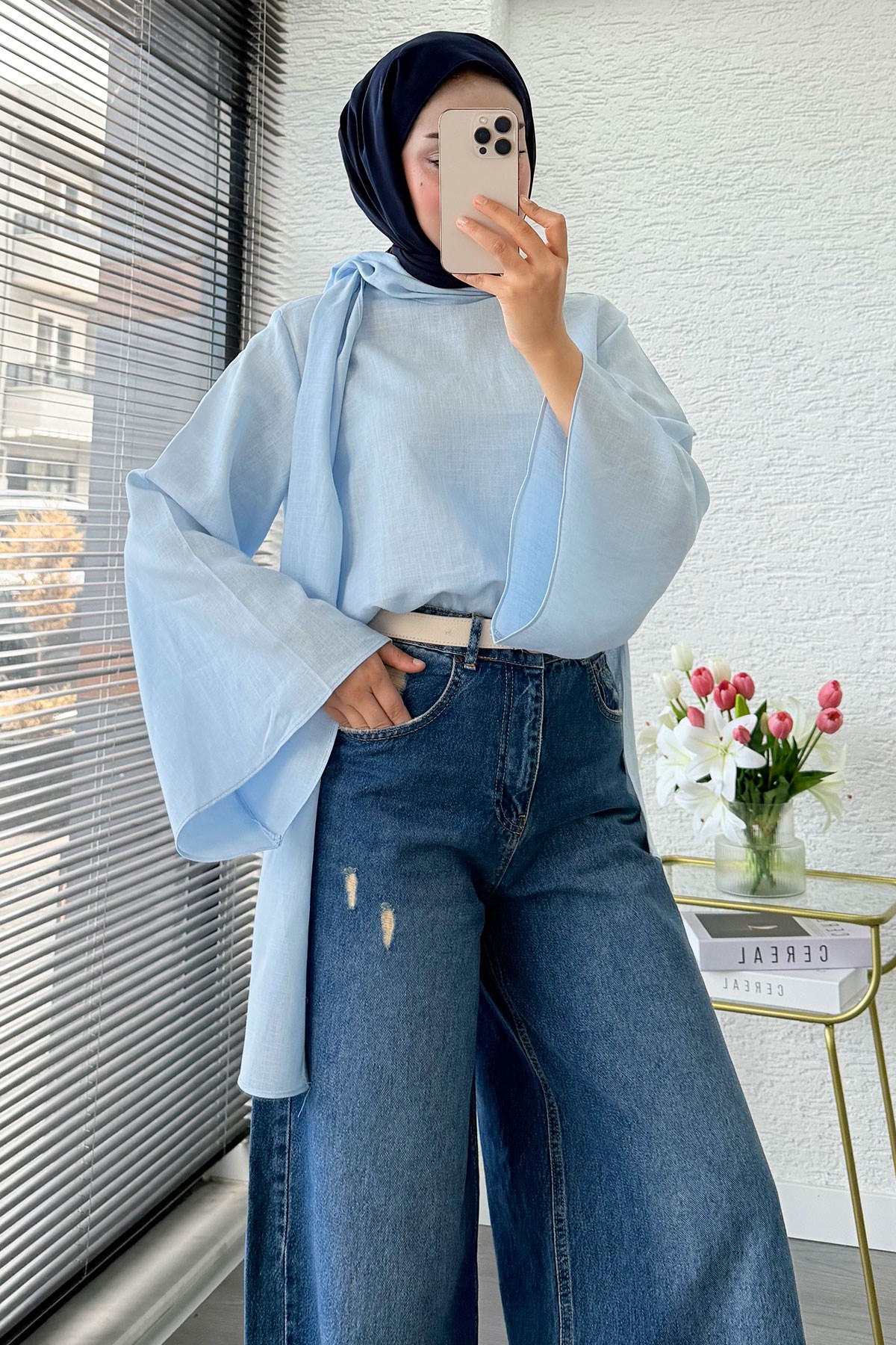 Premium Yırtık Detaylı Geniş Paça Kadın Jean Pantolon - Koyu Mavi