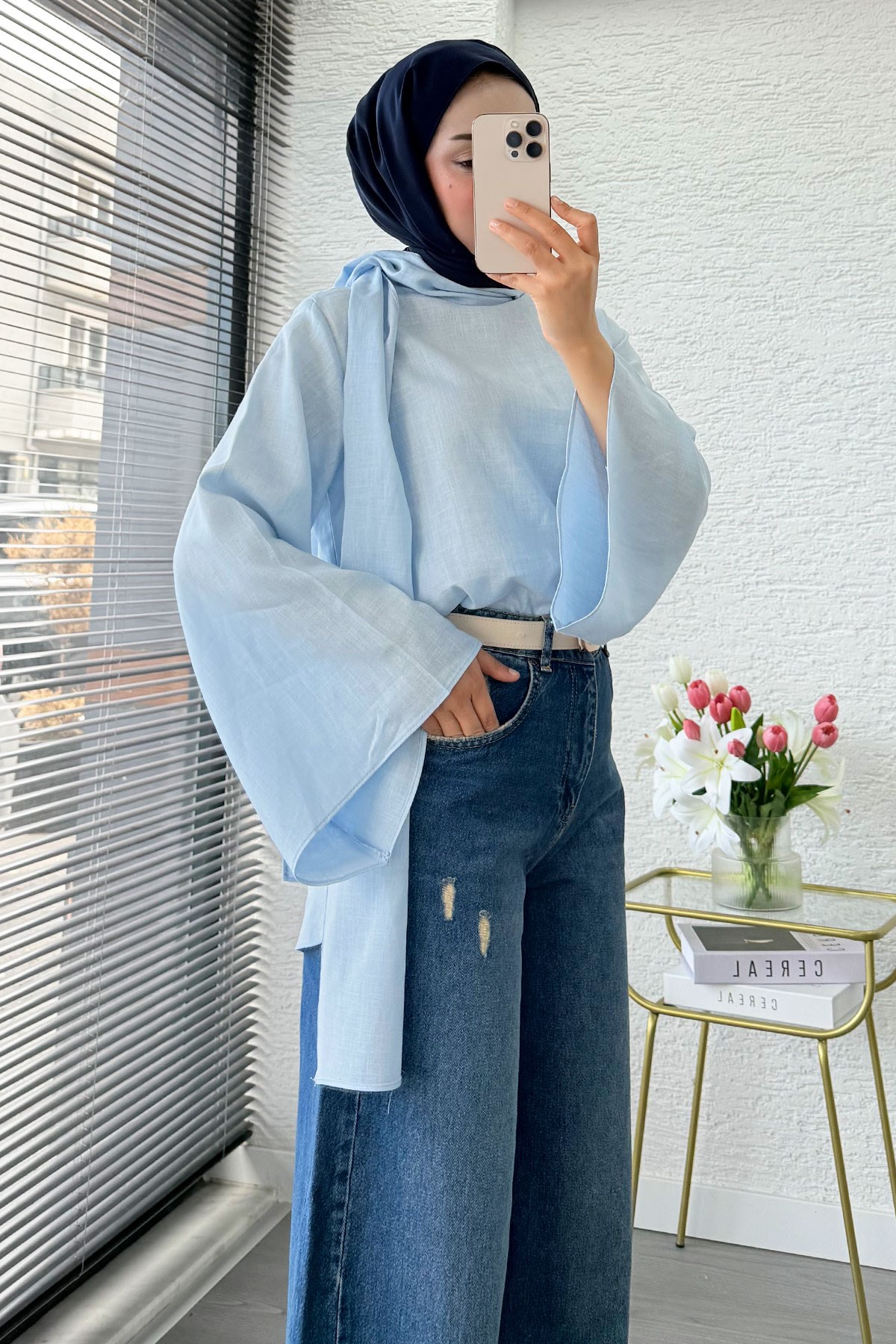 Premium Yırtık Detaylı Geniş Paça Kadın Jean Pantolon - Koyu Mavi
