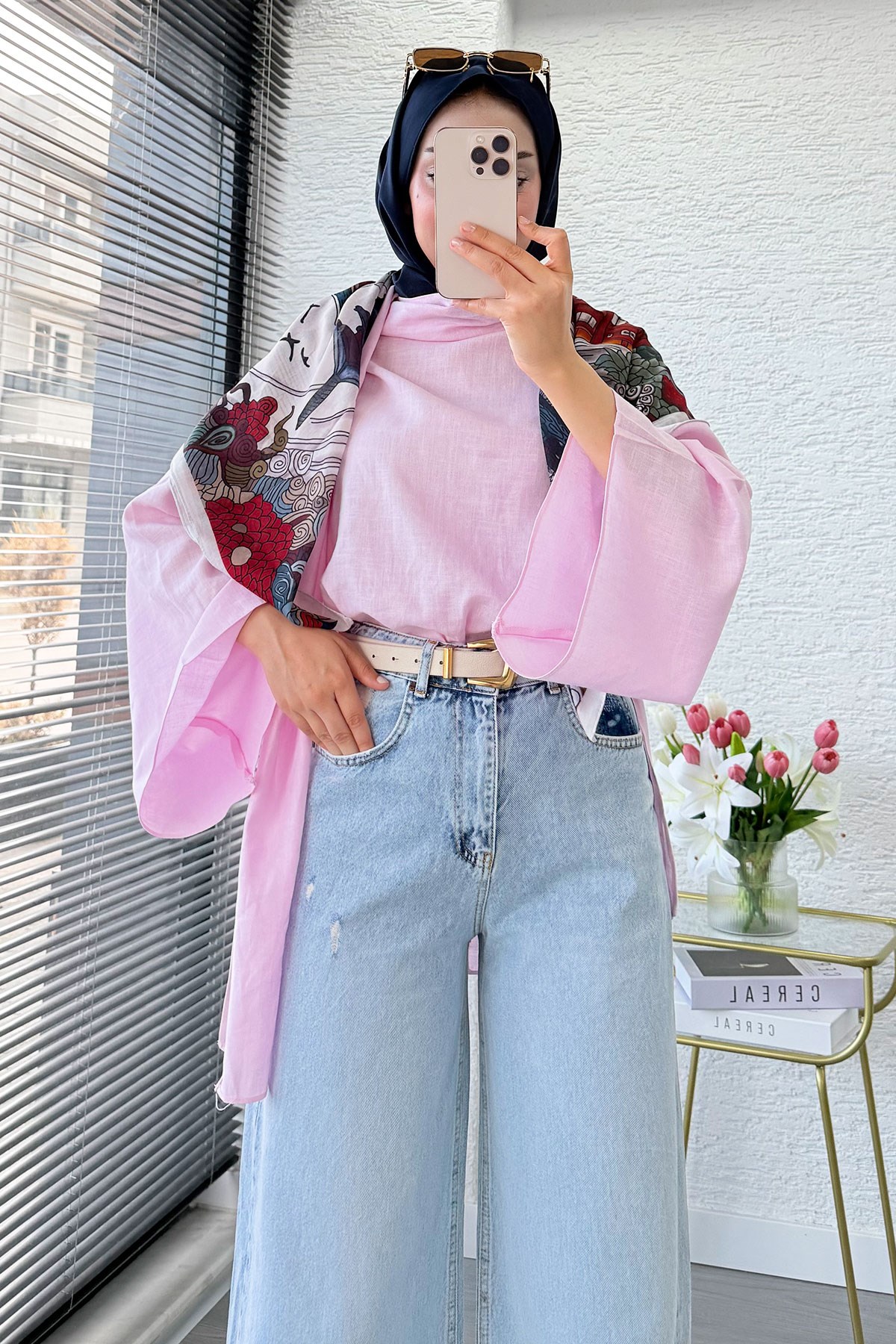 Premium Yırtık Detaylı Geniş Paça Kadın Jean Pantolon - Açık Mavi