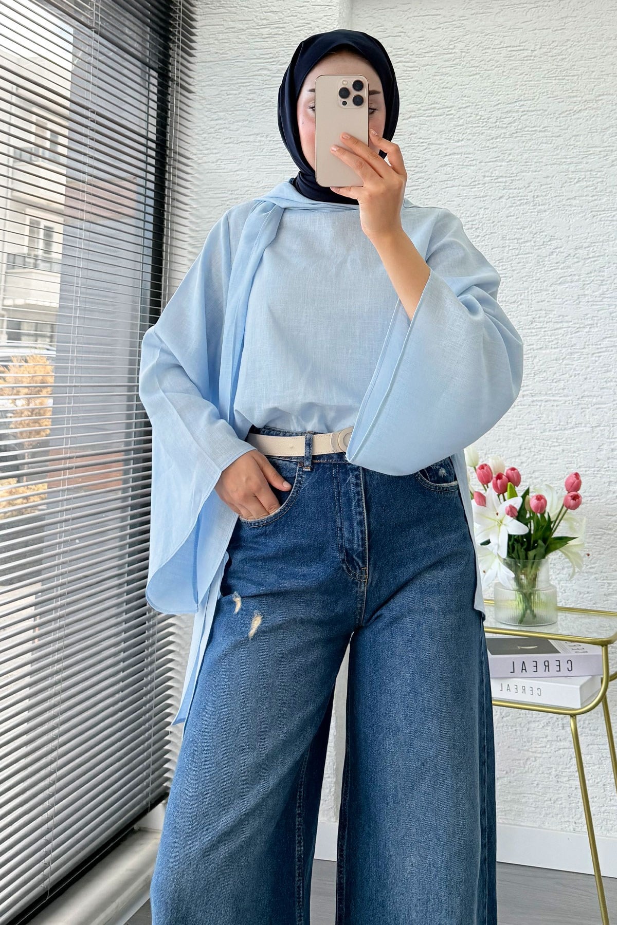 Premium Yırtık Detaylı Geniş Paça Kadın Jean Pantolon - Koyu Mavi