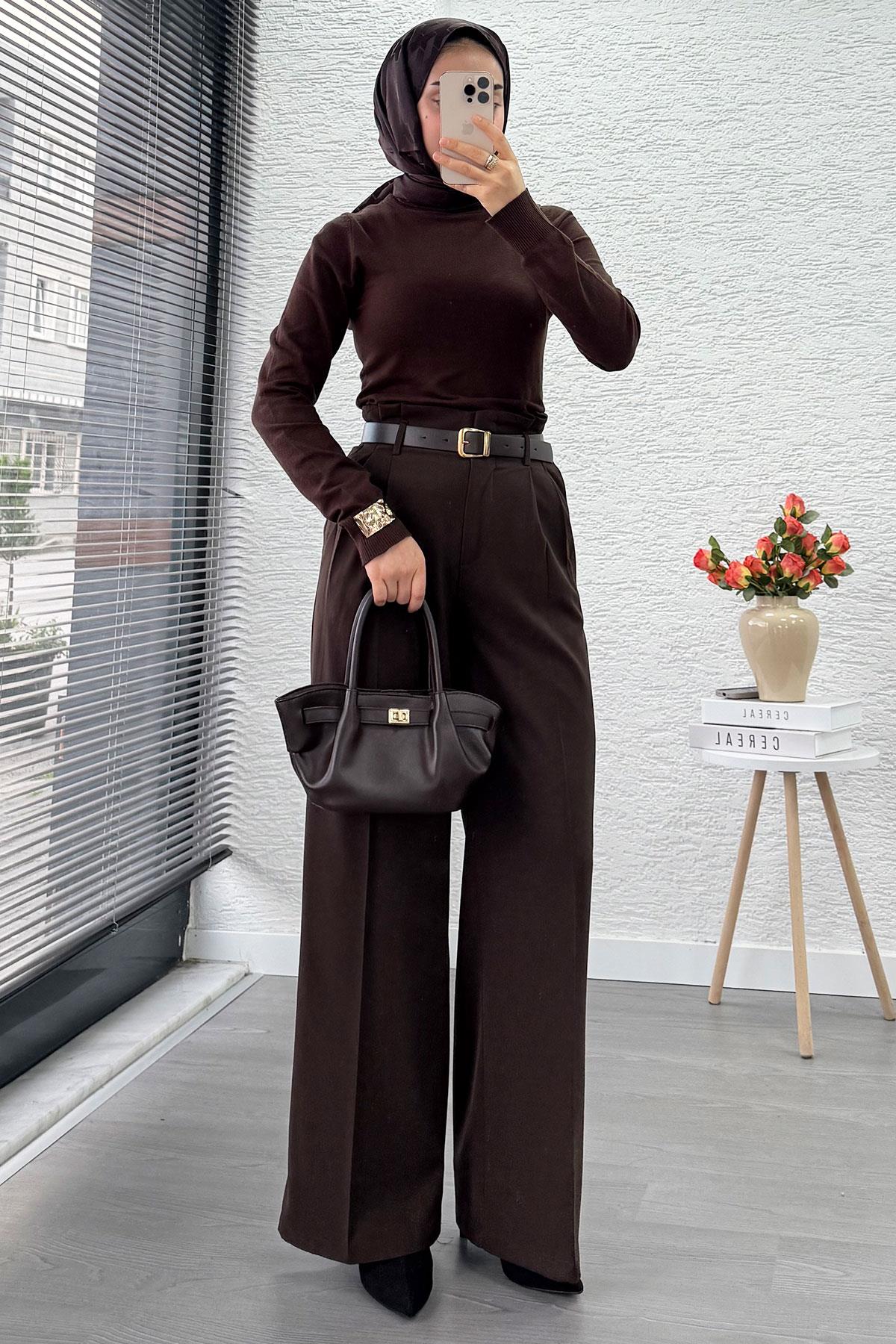 Premium Yüksek Bel Kemerli Pile Detay Palazzo Pantolon – Kahverengi