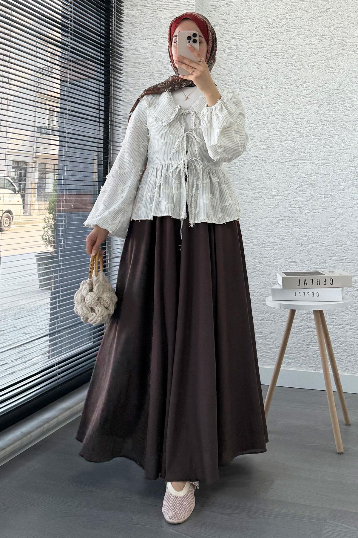 Püsküllü Çizgili Pamuk Kimono – Gri