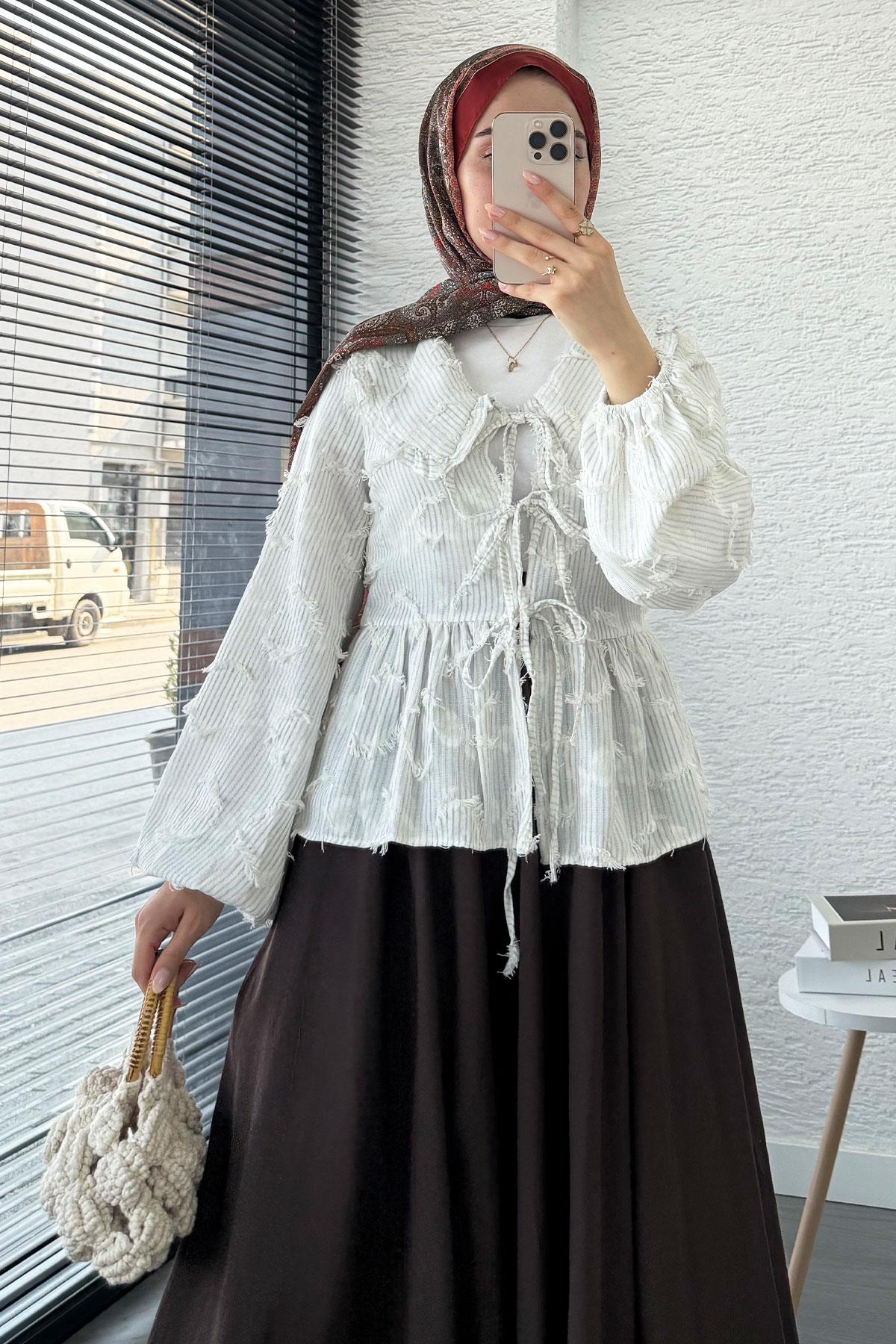 Püsküllü Çizgili Pamuk Kimono – Gri