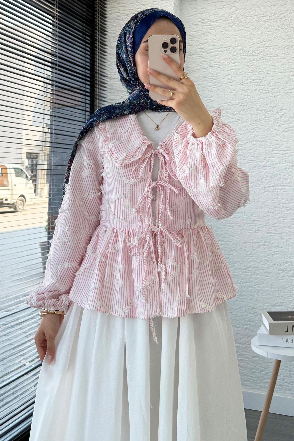 Püsküllü Çizgili Pamuk Kimono – Pembe