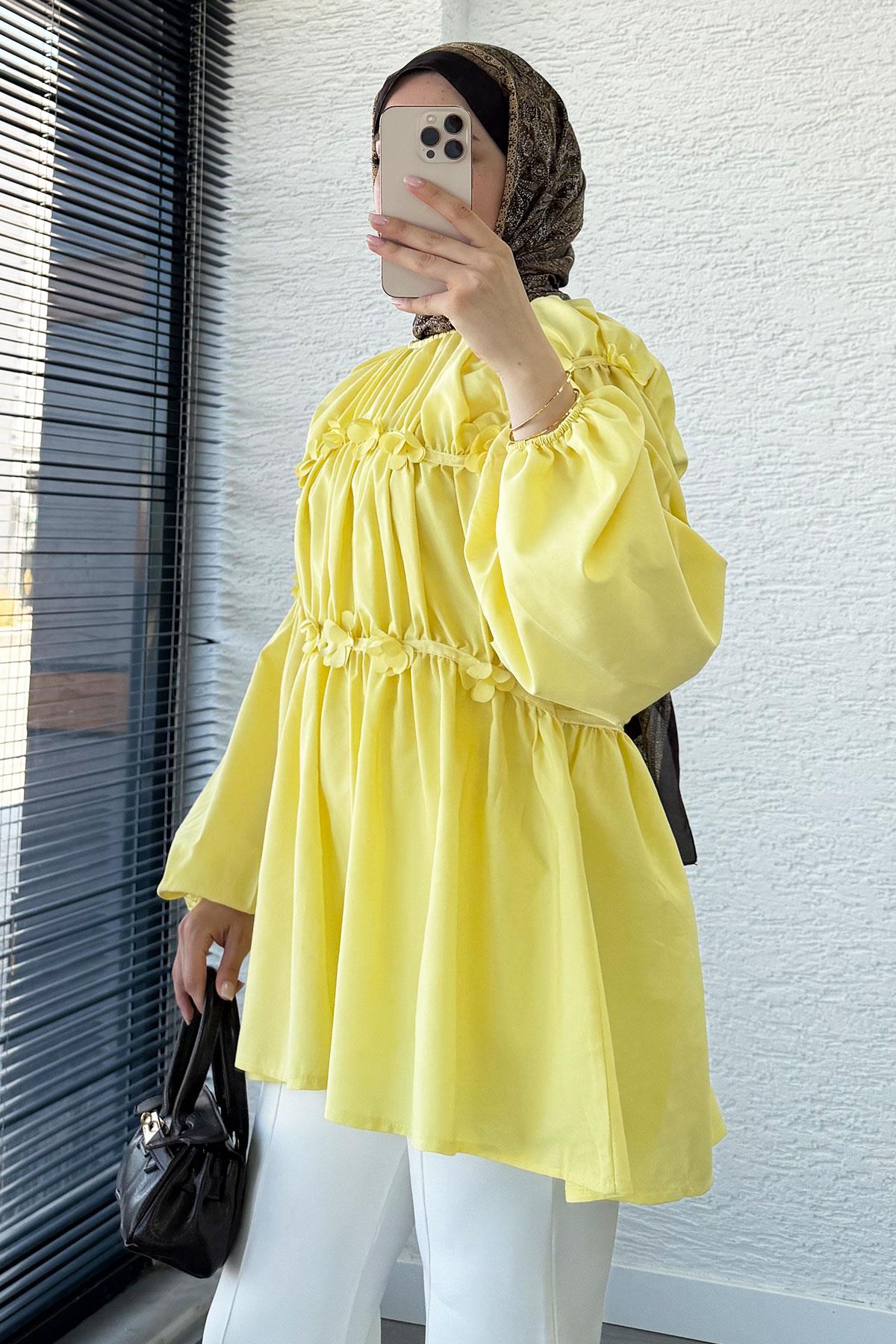 Reglan Çiçek Detaylı Poplin Tunik – Sarı