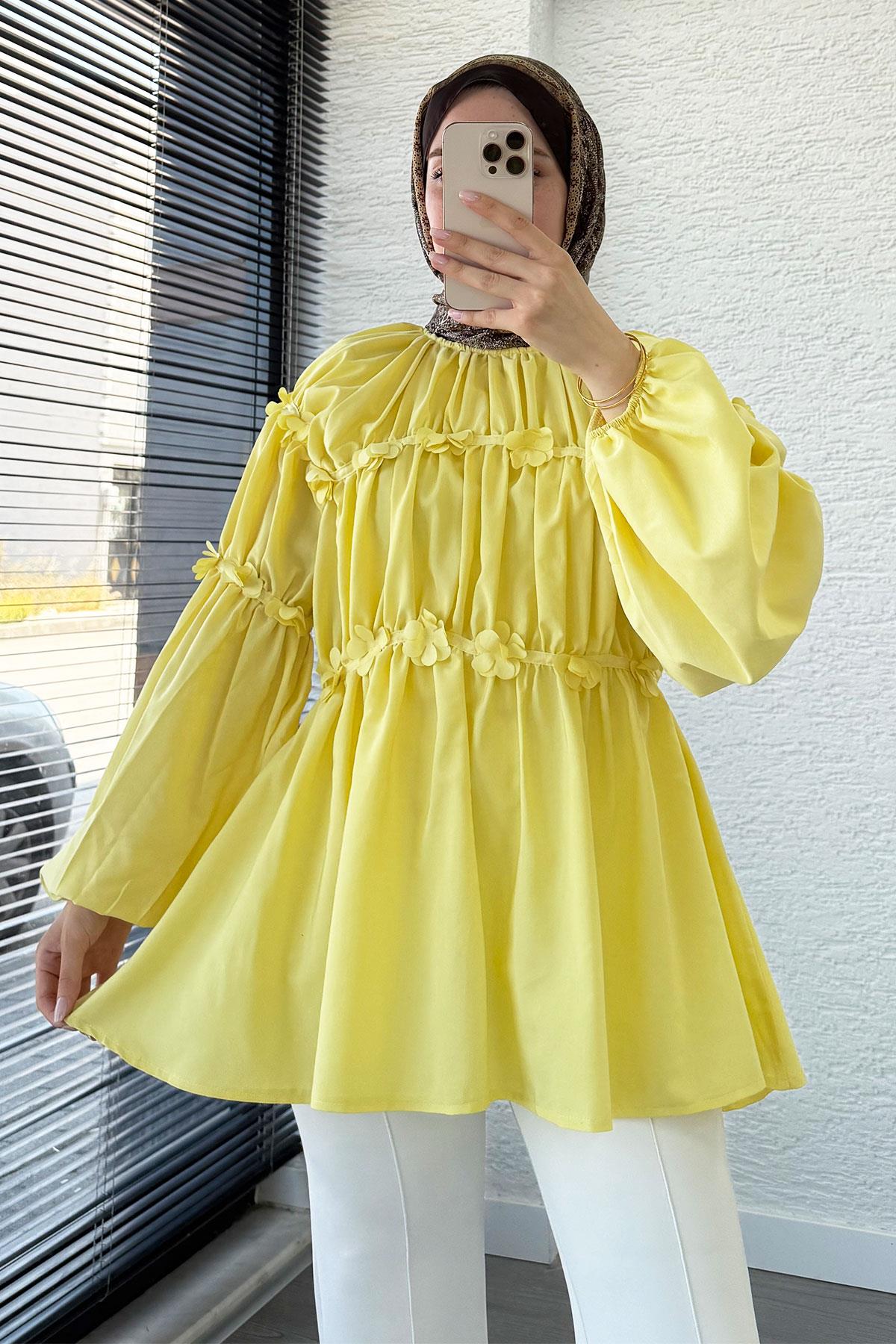 Reglan Çiçek Detaylı Poplin Tunik – Sarı