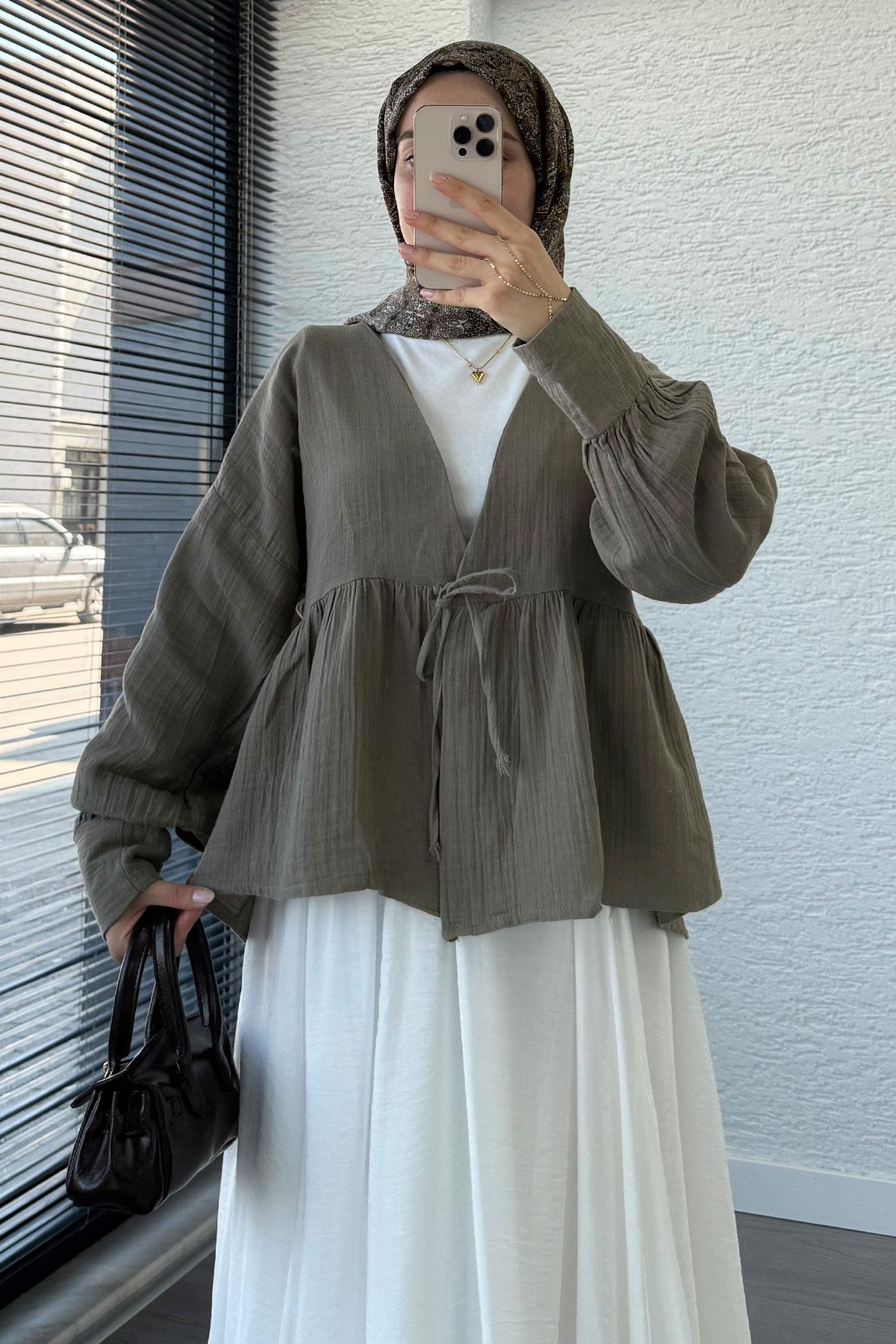 Robadan Bağlamalı Müslin Kimono – Haki