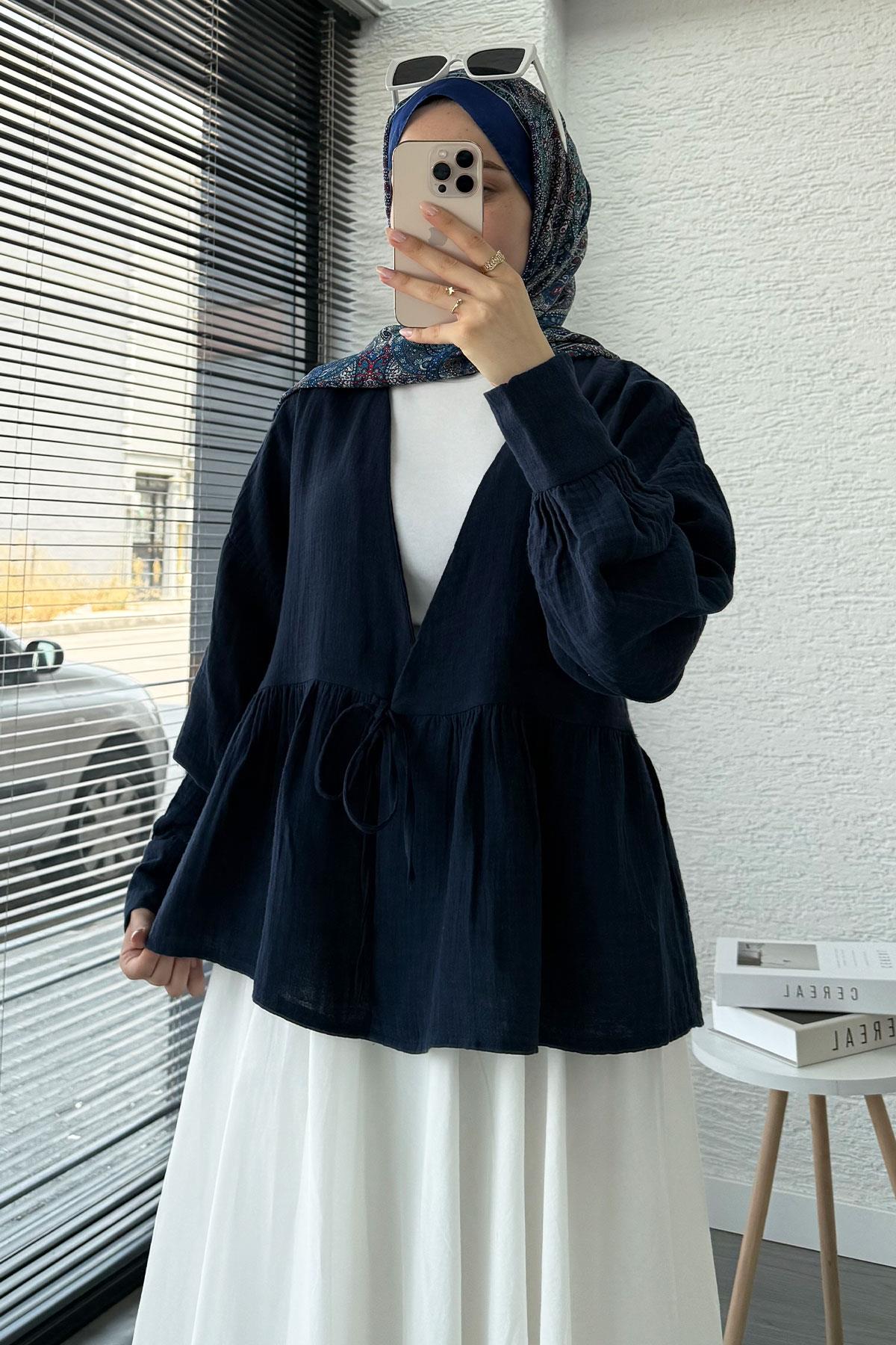 Robadan Bağlamalı Müslin Kimono – Lacivert