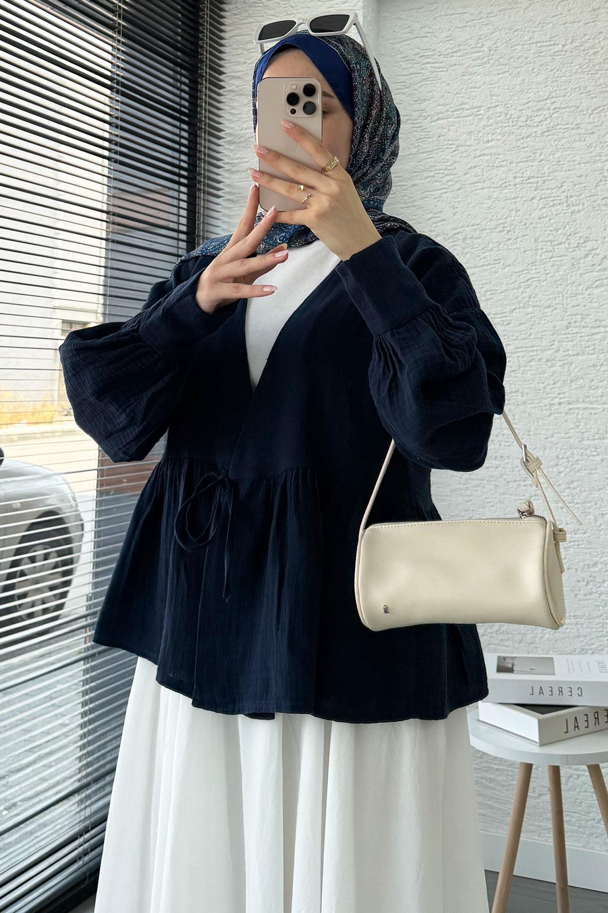Robadan Bağlamalı Müslin Kimono – Lacivert