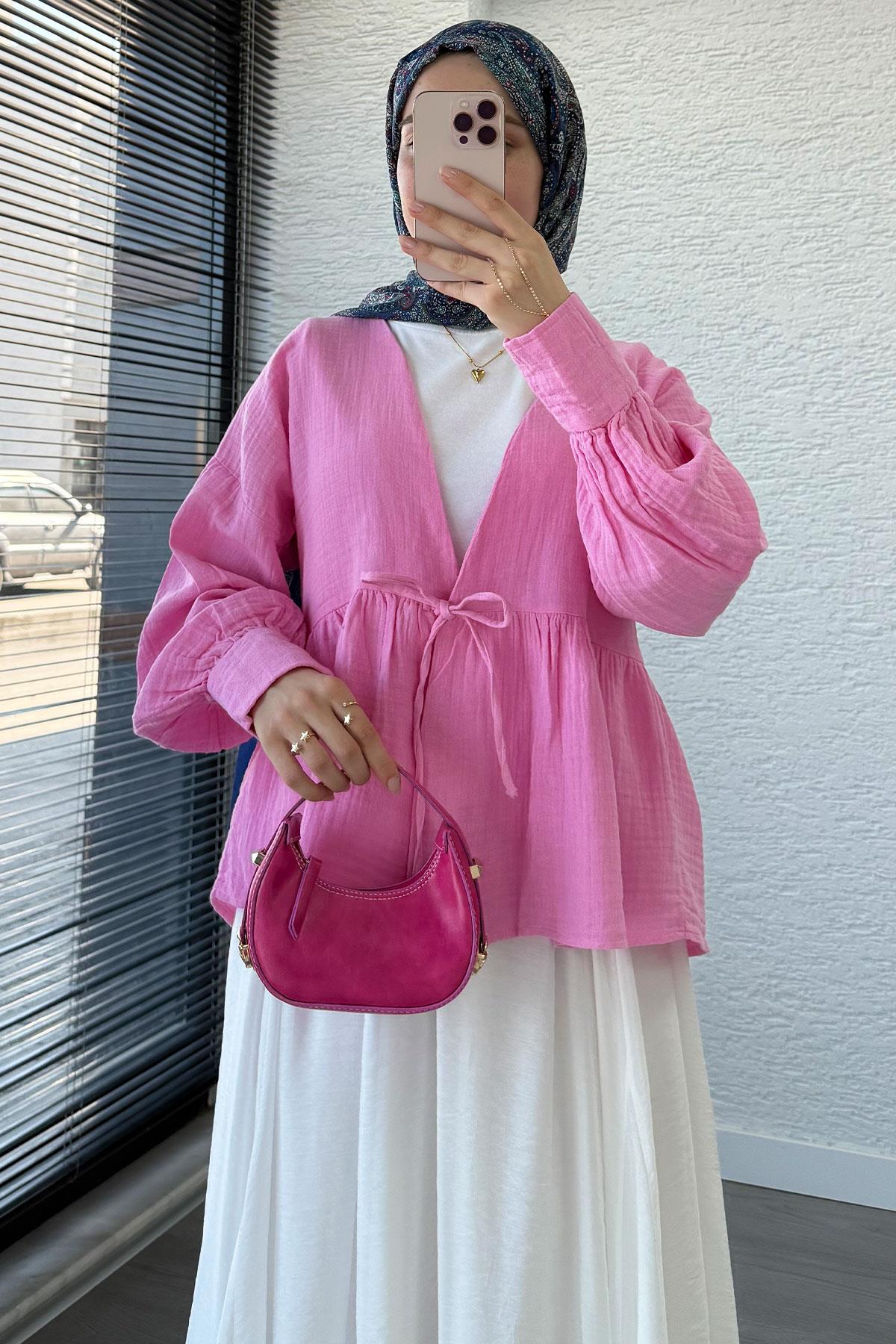 Robadan Bağlamalı Müslin Kimono – Pembe