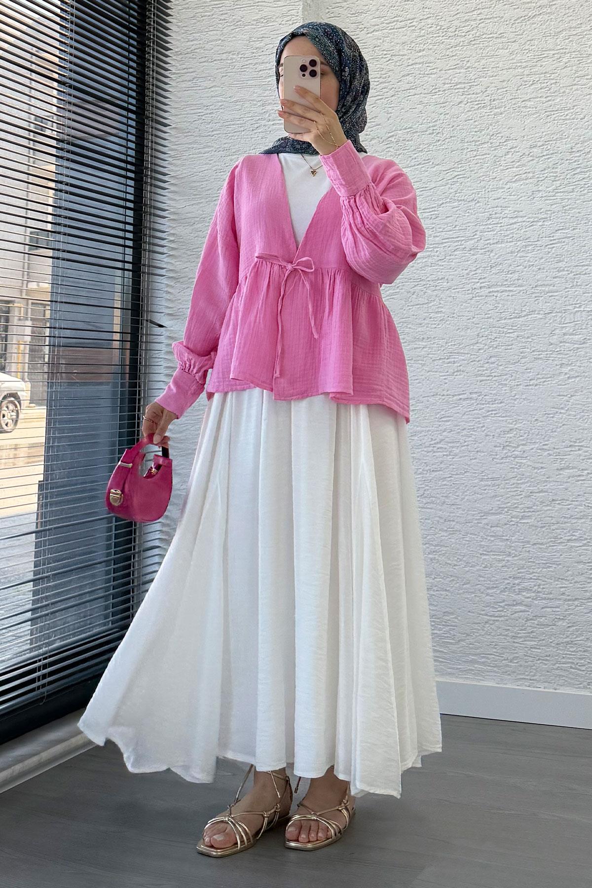 Robadan Bağlamalı Müslin Kimono – Pembe