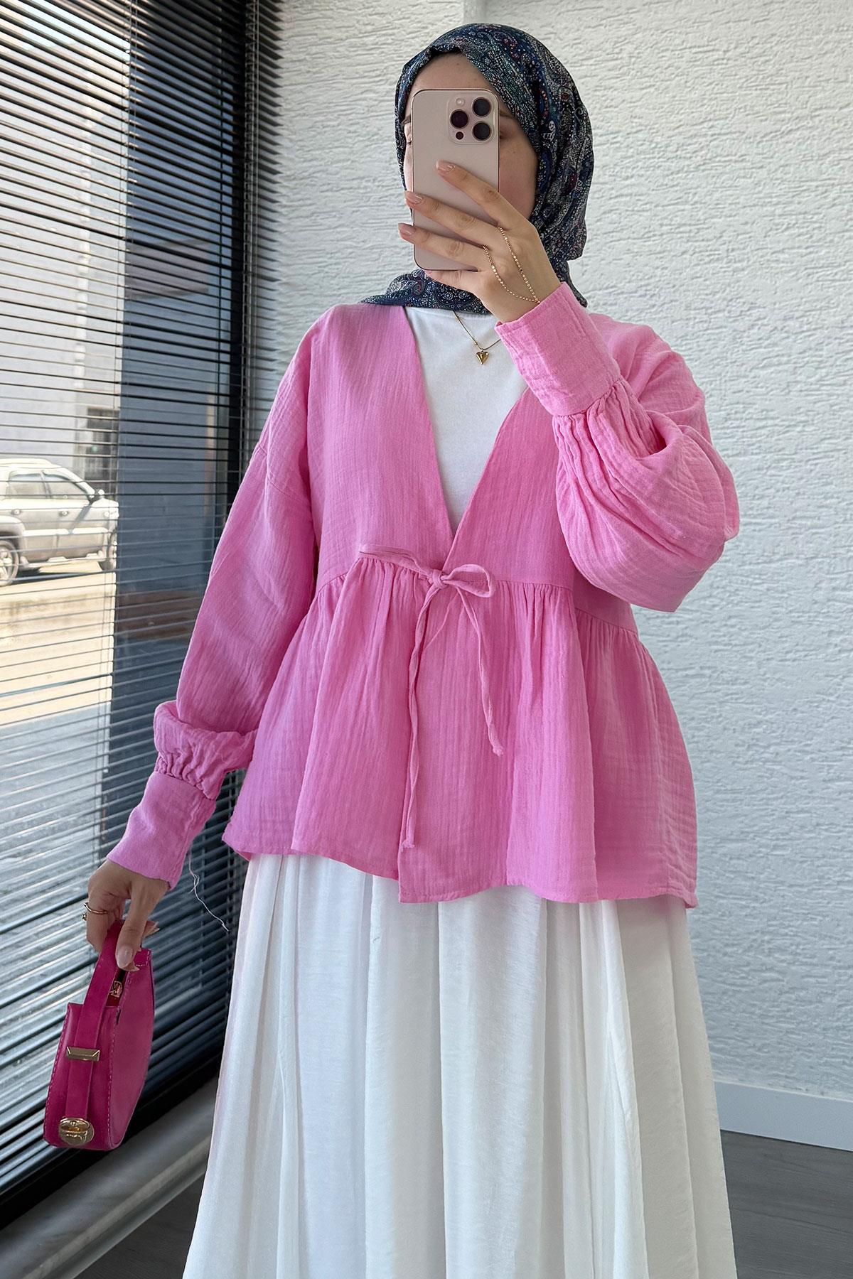Robadan Bağlamalı Müslin Kimono – Pembe