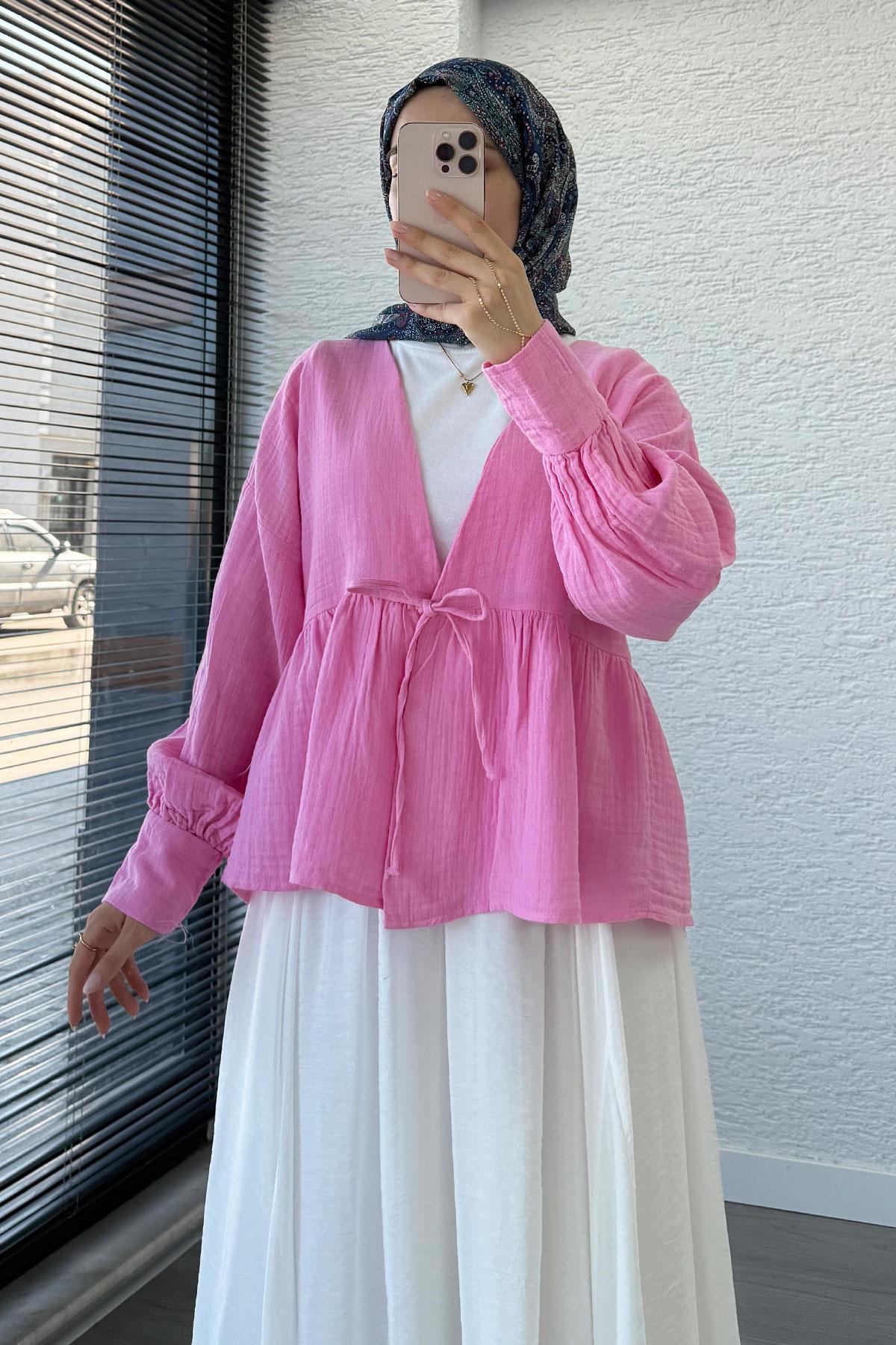 Robadan Bağlamalı Müslin Kimono – Pembe