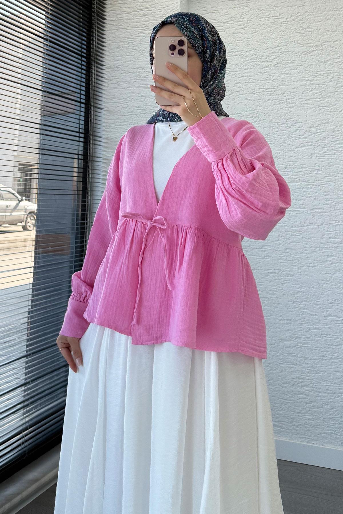 Robadan Bağlamalı Müslin Kimono – Pembe