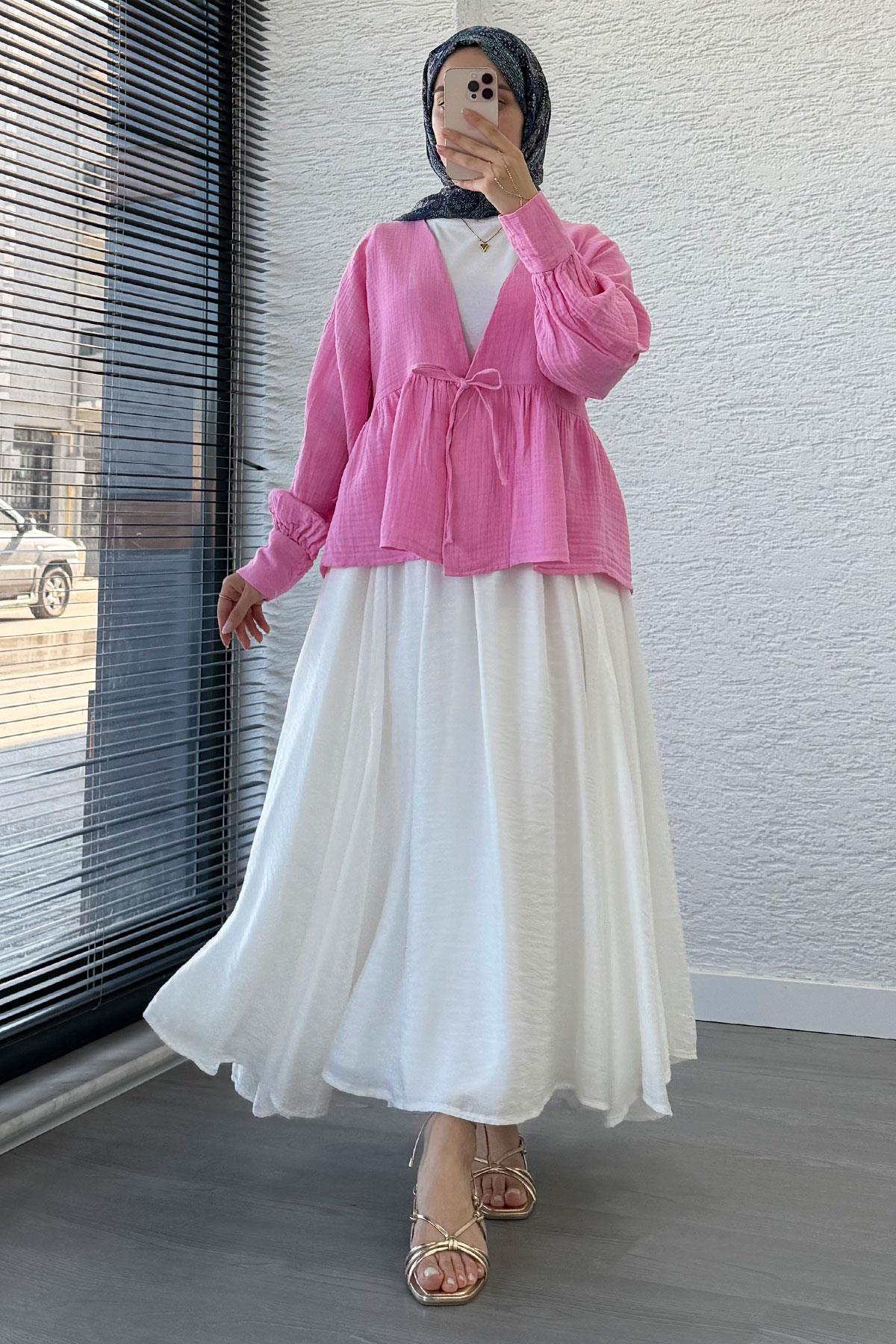 Robadan Bağlamalı Müslin Kimono – Pembe