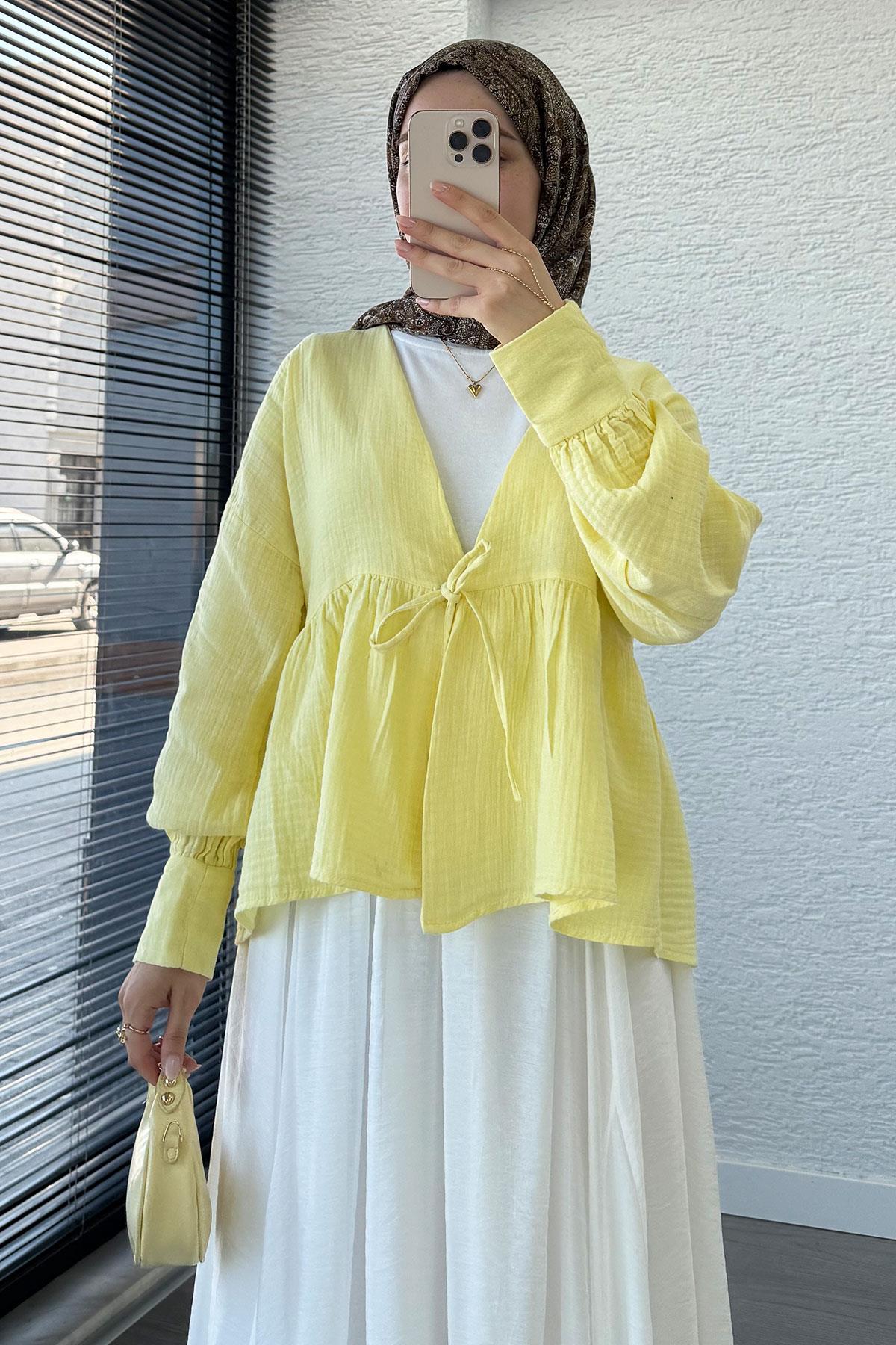 Robadan Bağlamalı Müslin Kimono – Sarı