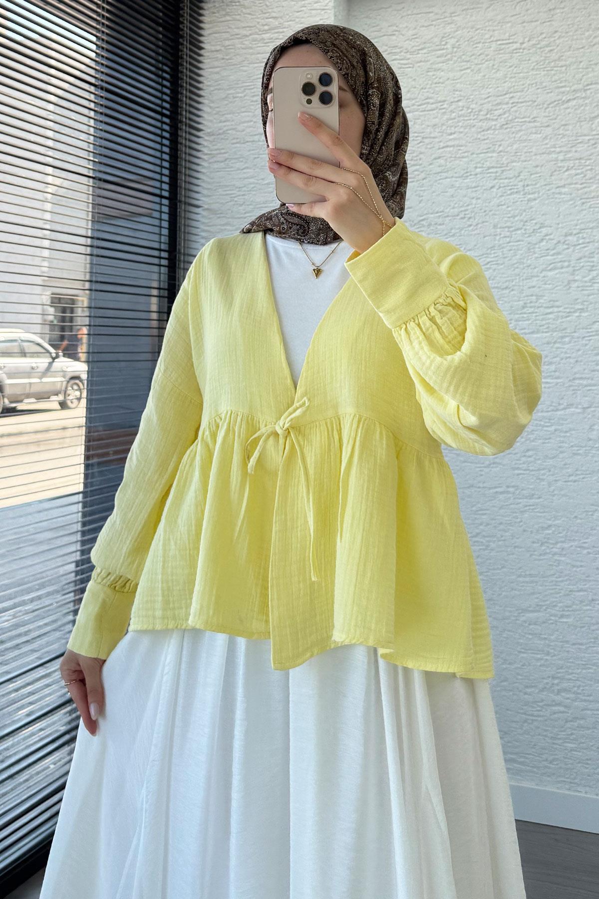 Robadan Bağlamalı Müslin Kimono – Sarı