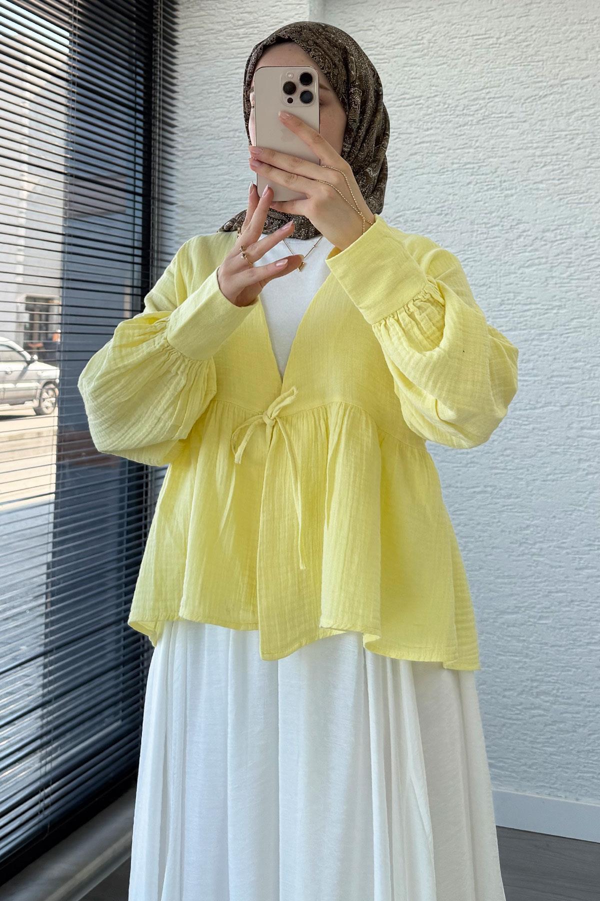 Robadan Bağlamalı Müslin Kimono – Sarı