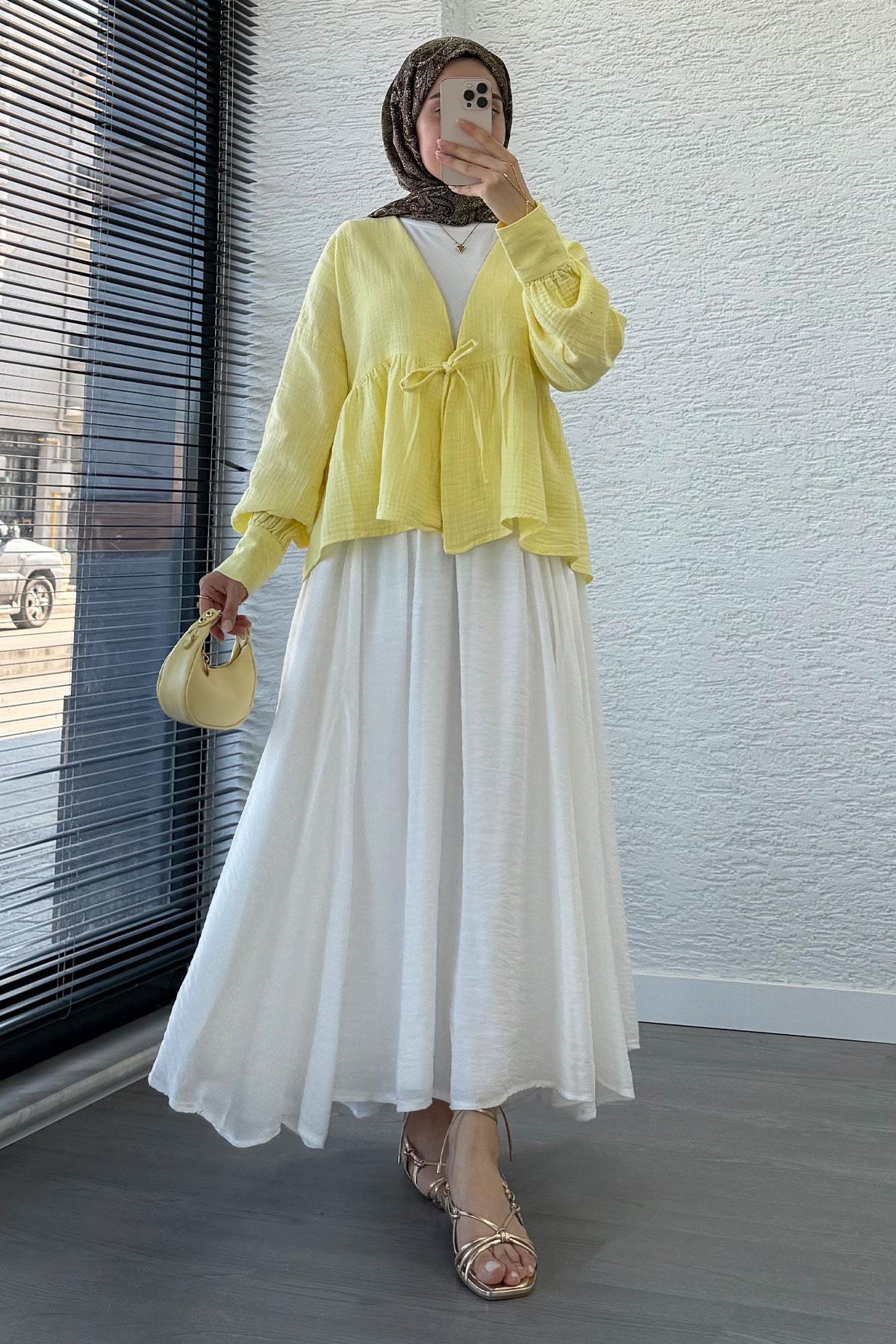 Robadan Bağlamalı Müslin Kimono – Sarı