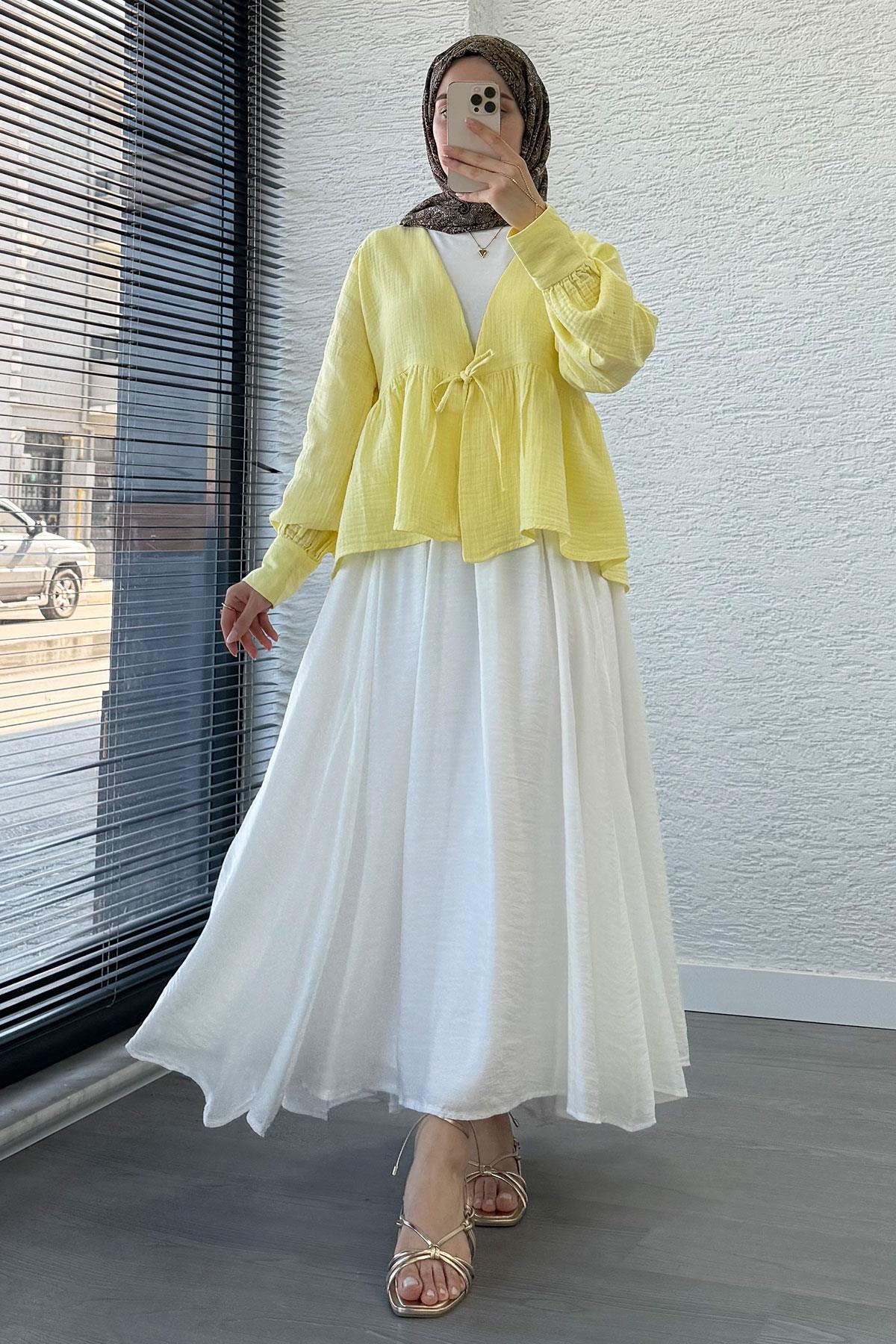 Robadan Bağlamalı Müslin Kimono – Sarı