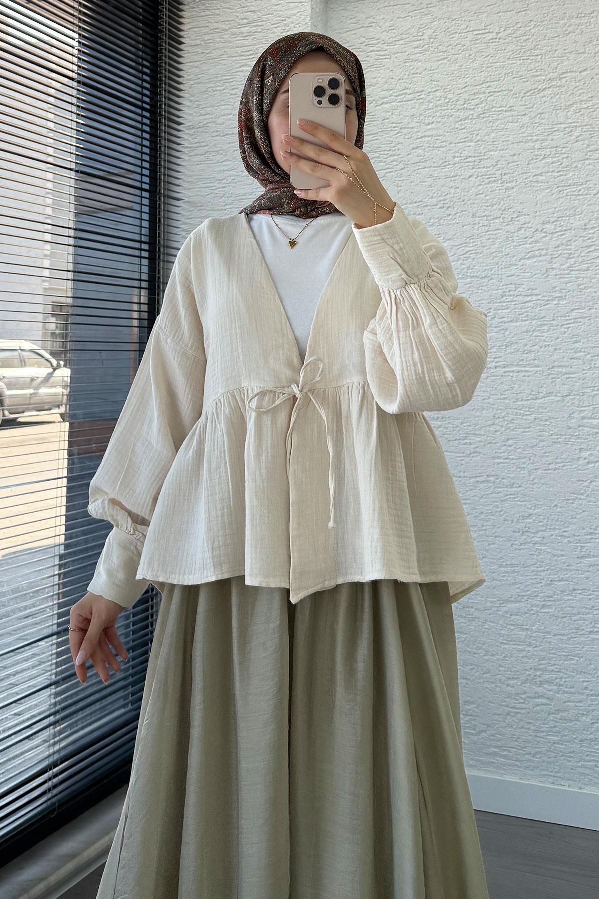 Robadan Bağlamalı Müslin Kimono – Taş 