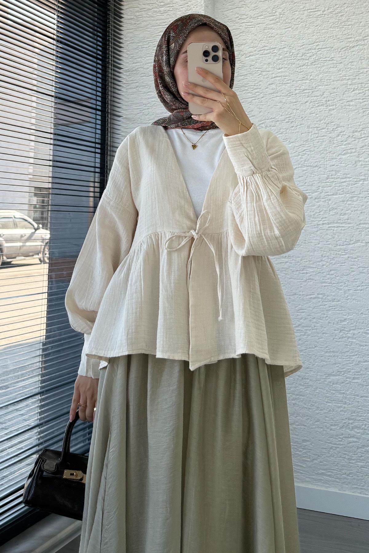 Robadan Bağlamalı Müslin Kimono – Taş 