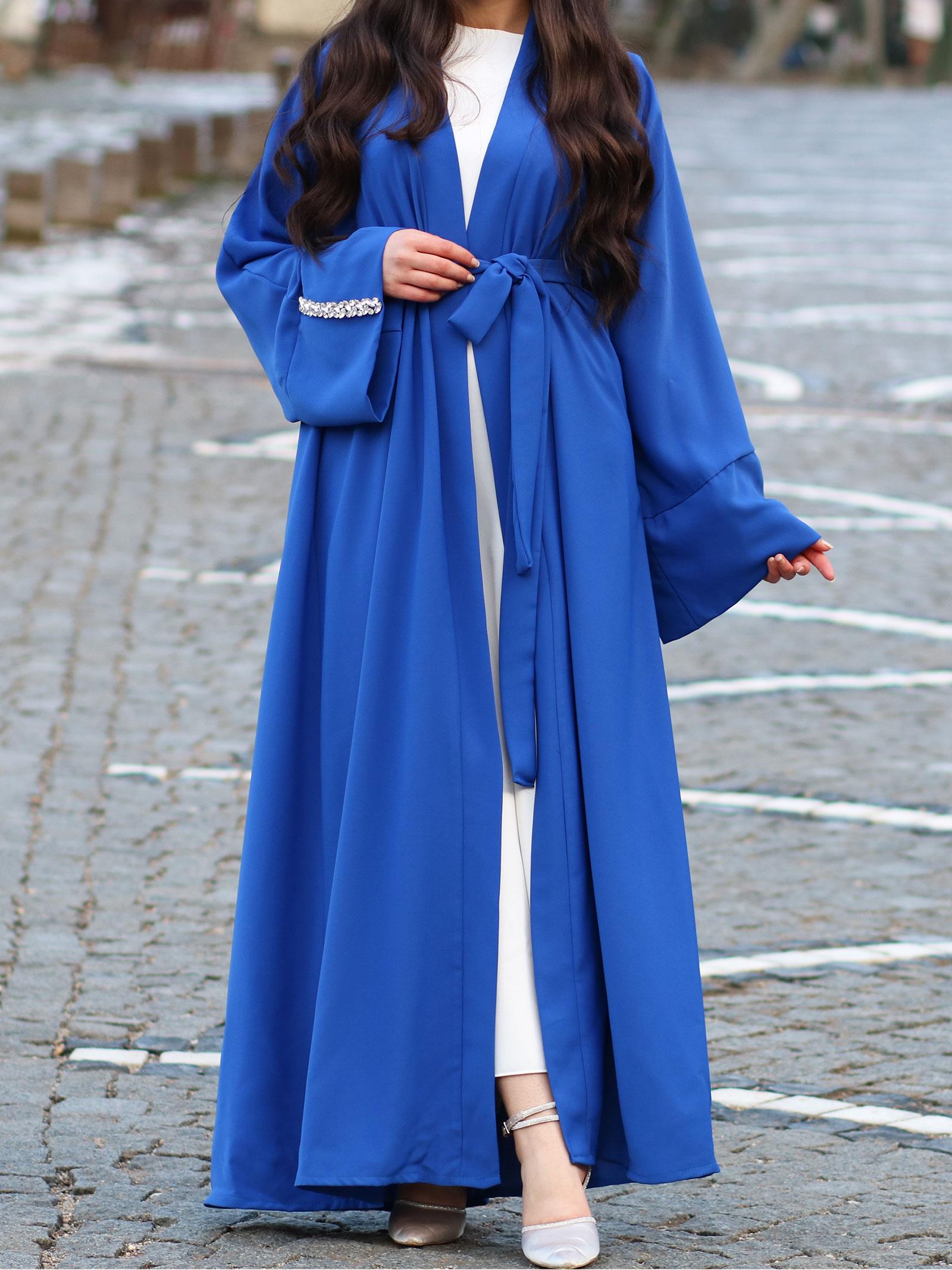 Saks Mavisi Kolu Taşlı Ala Abaya