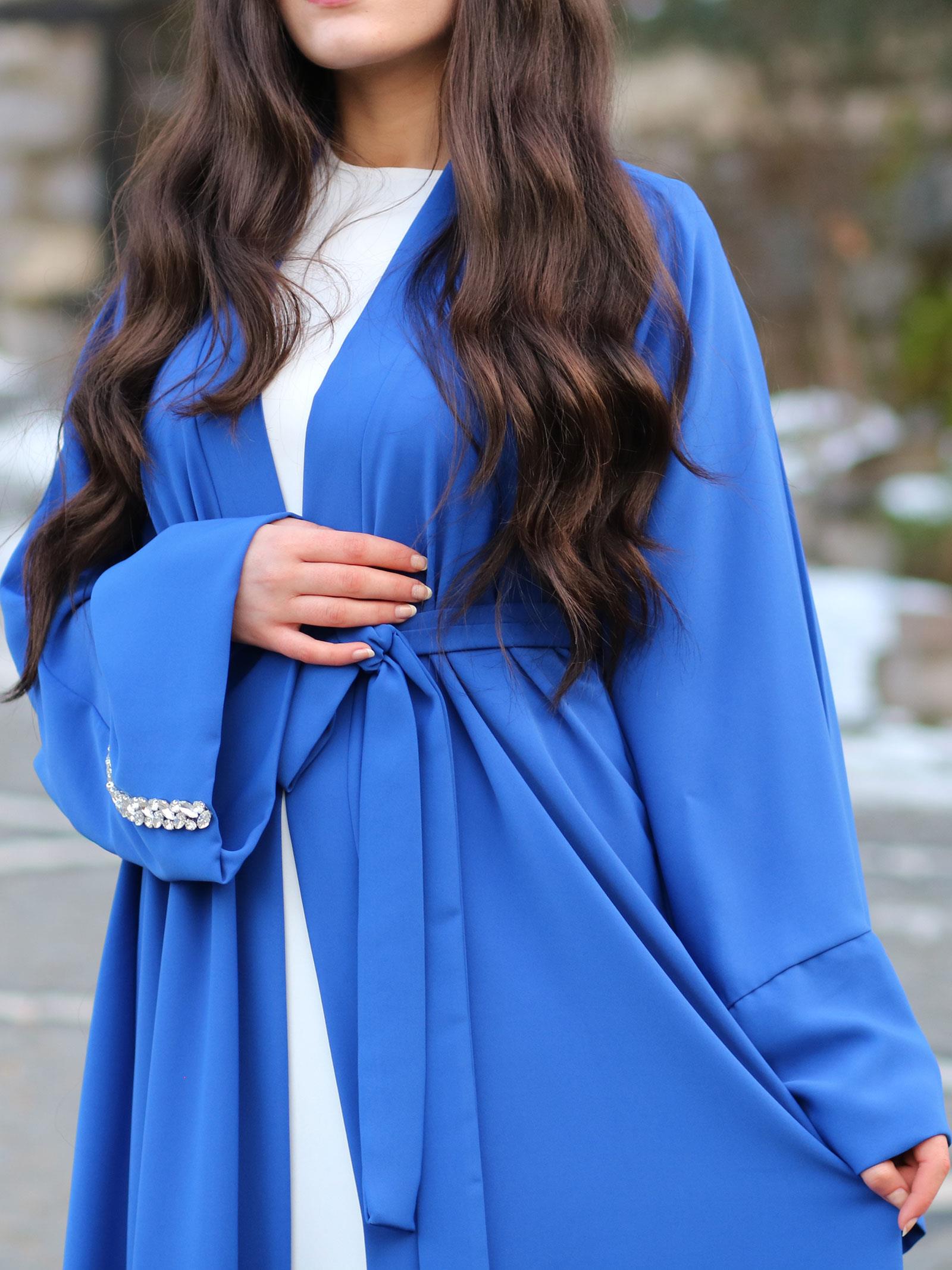 Saks Mavisi Kolu Taşlı Ala Abaya