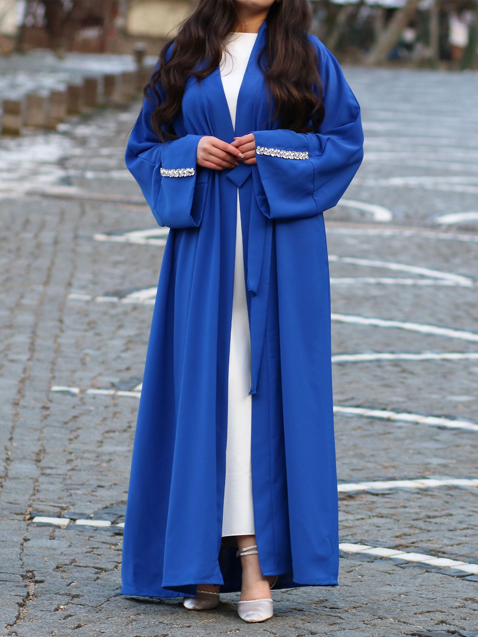 Saks Mavisi Kolu Taşlı Ala Abaya