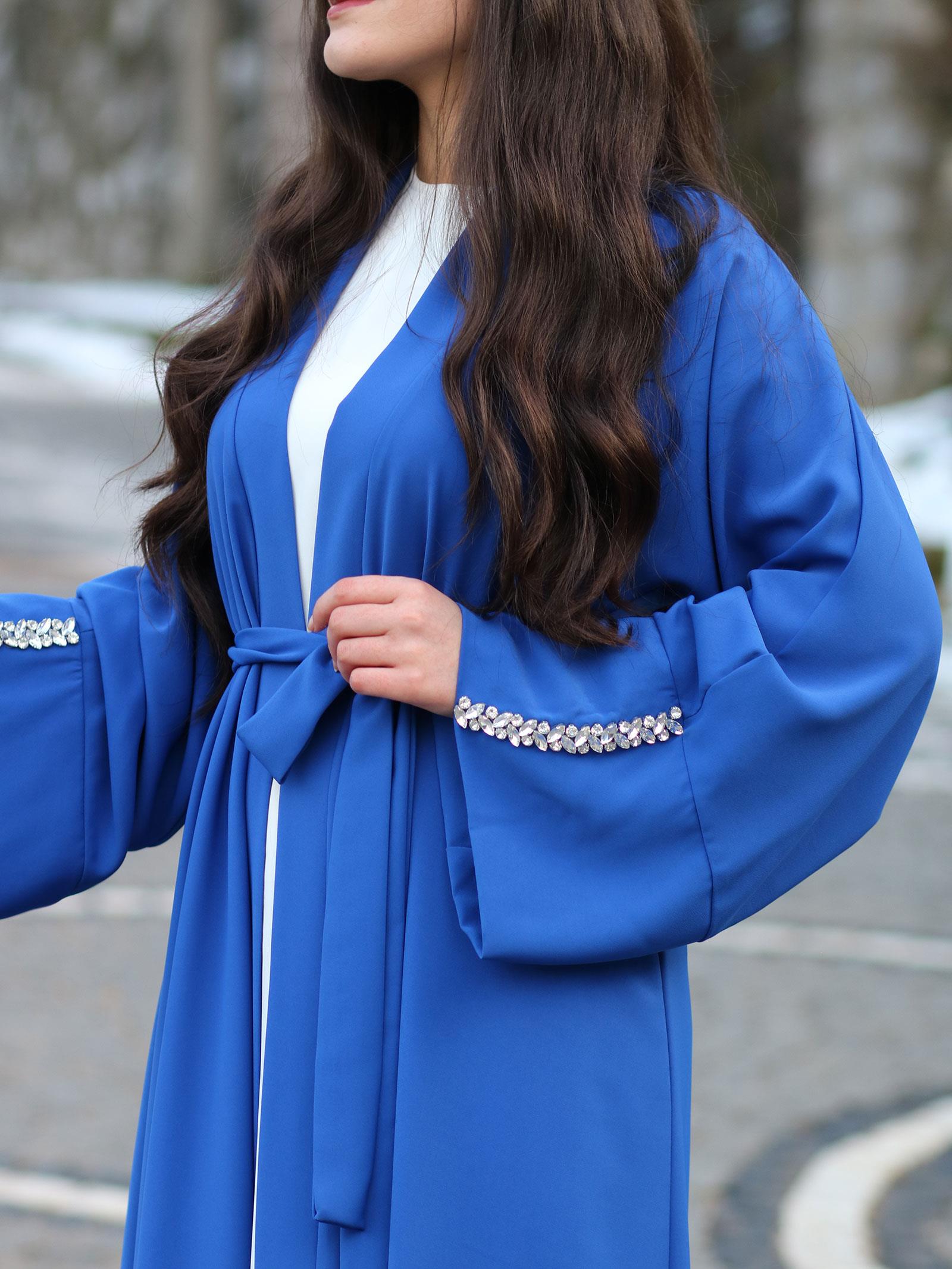 Saks Mavisi Kolu Taşlı Ala Abaya