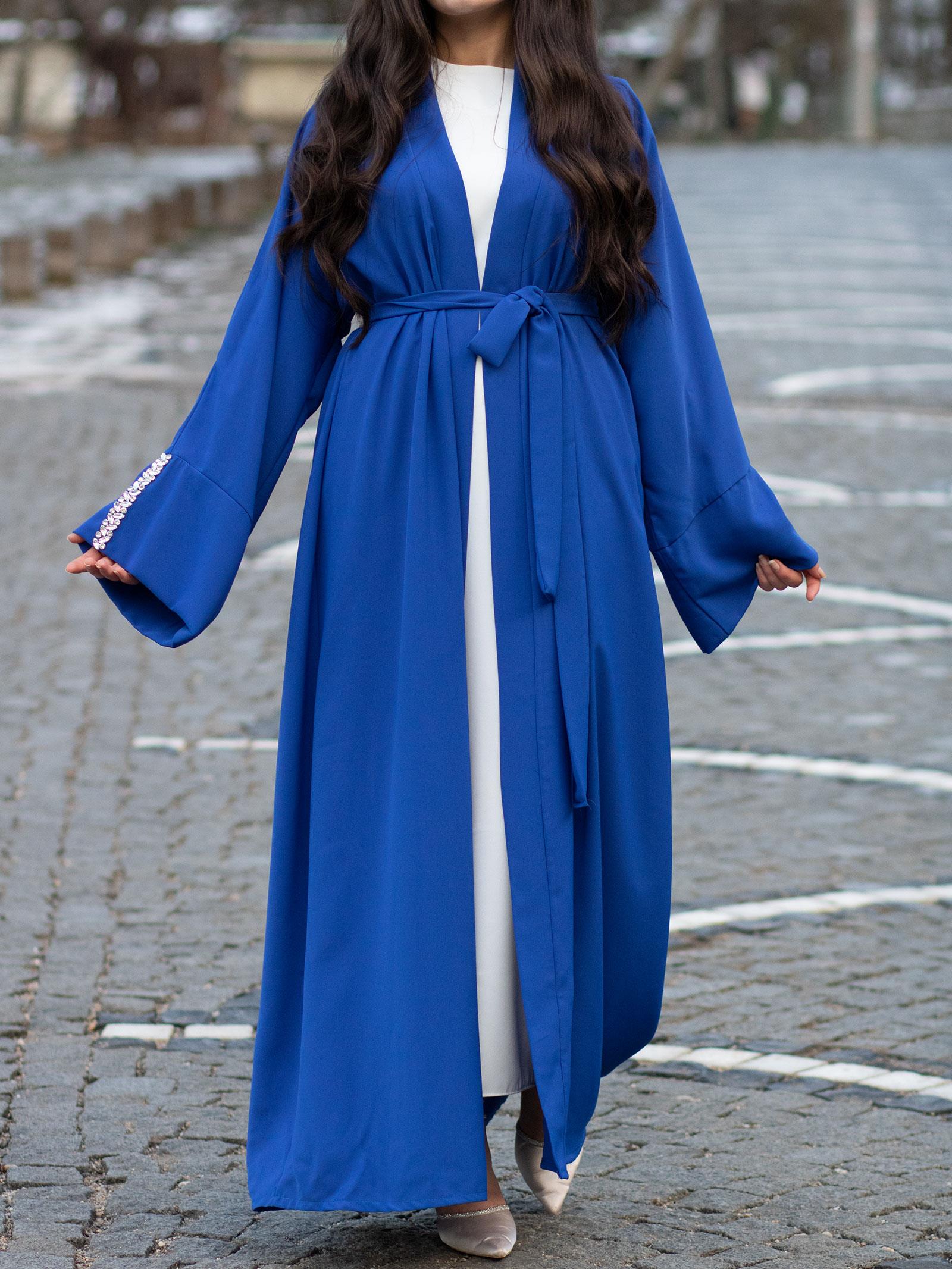 Saks Mavisi Kolu Taşlı Ala Abaya