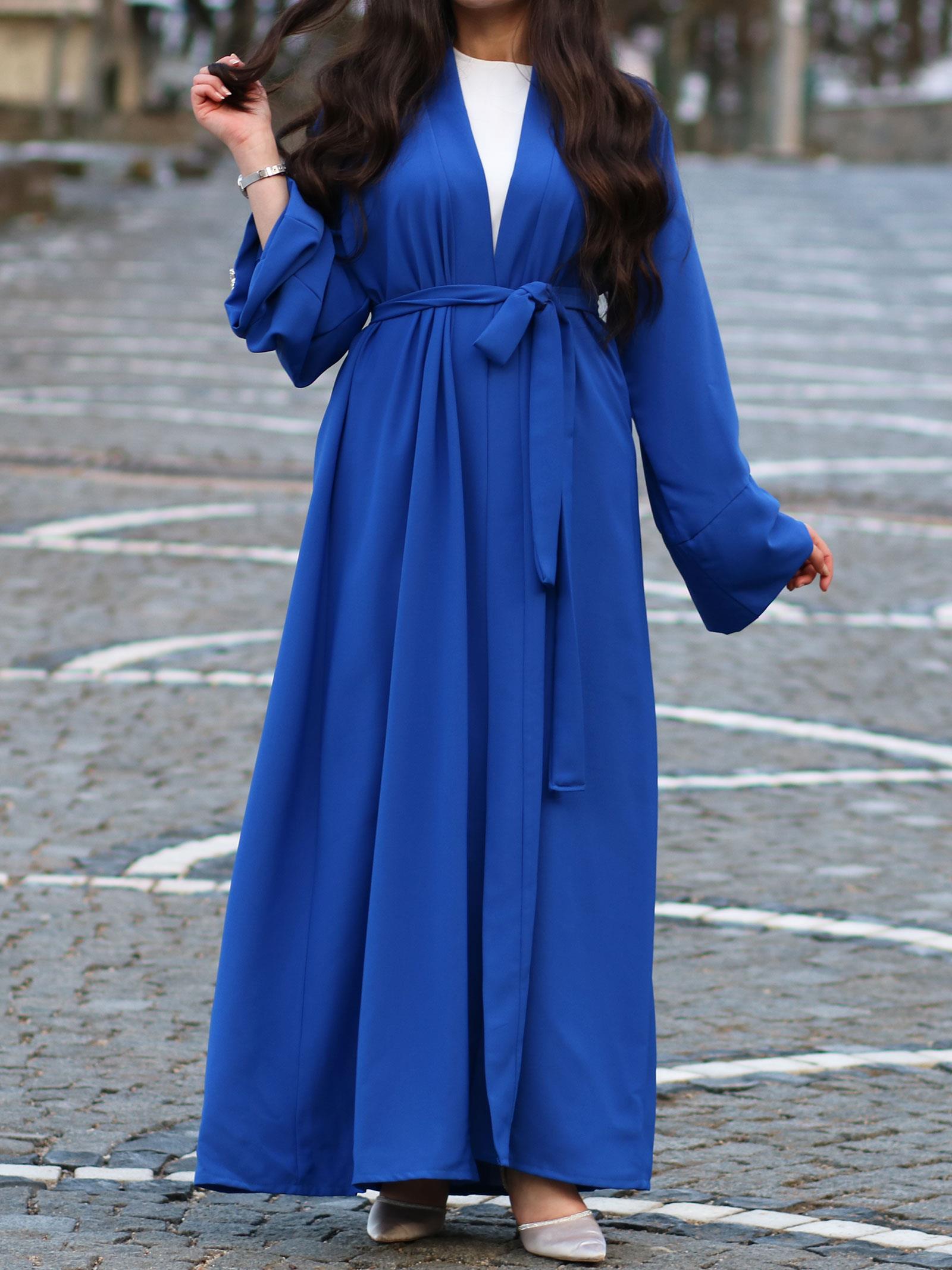 Saks Mavisi Kolu Taşlı Ala Abaya