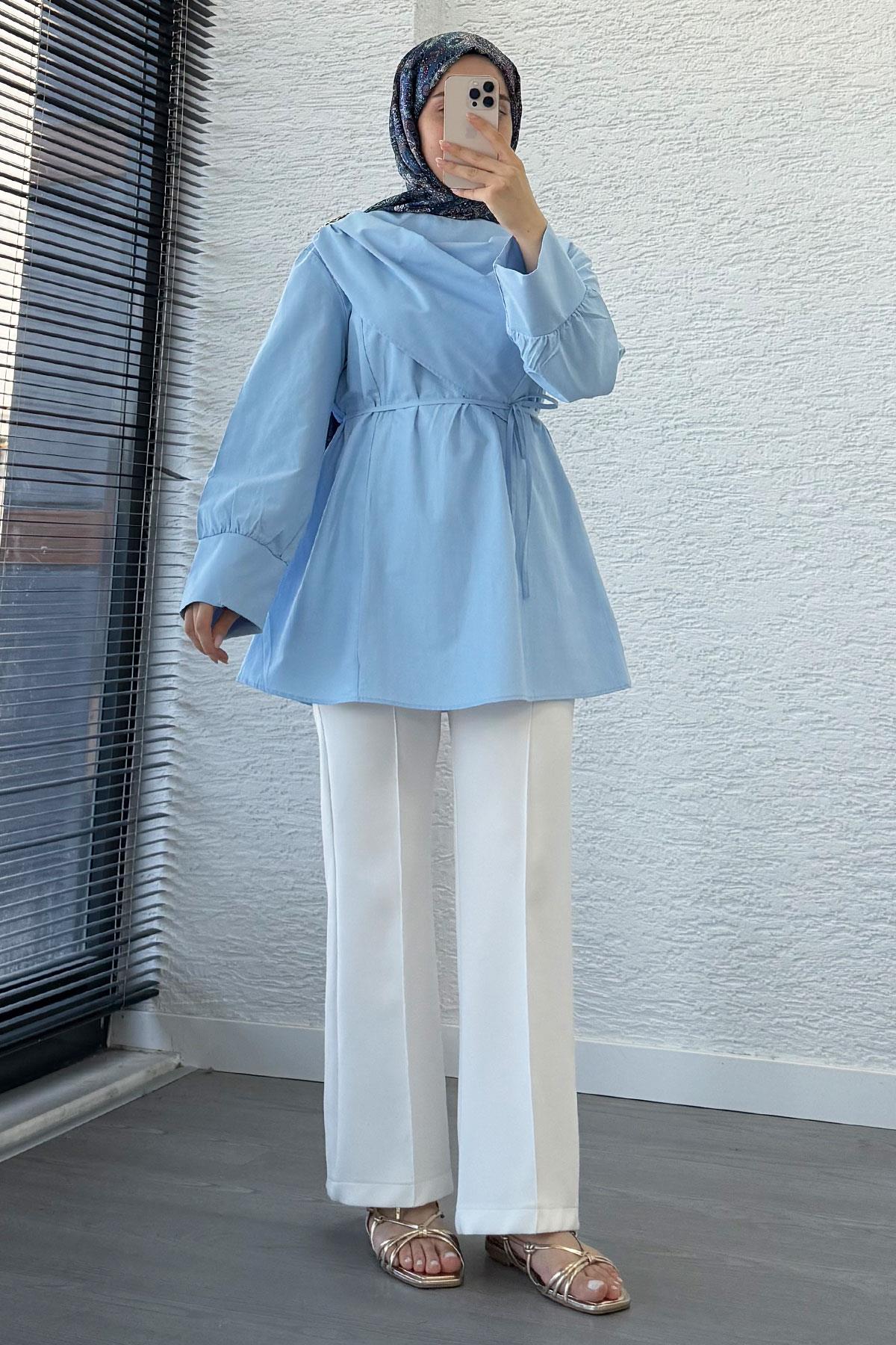 Şal Yaka Broş Detaylı Poplin Tunik – Mavi