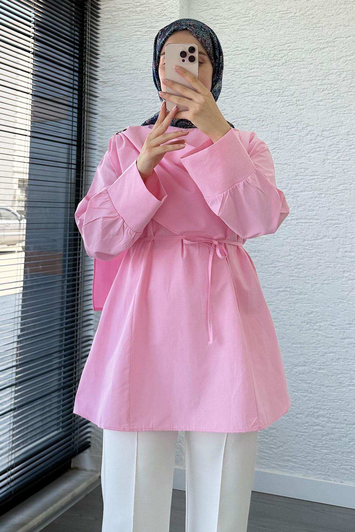 Şal Yaka Broş Detaylı Poplin Tunik – Pembe