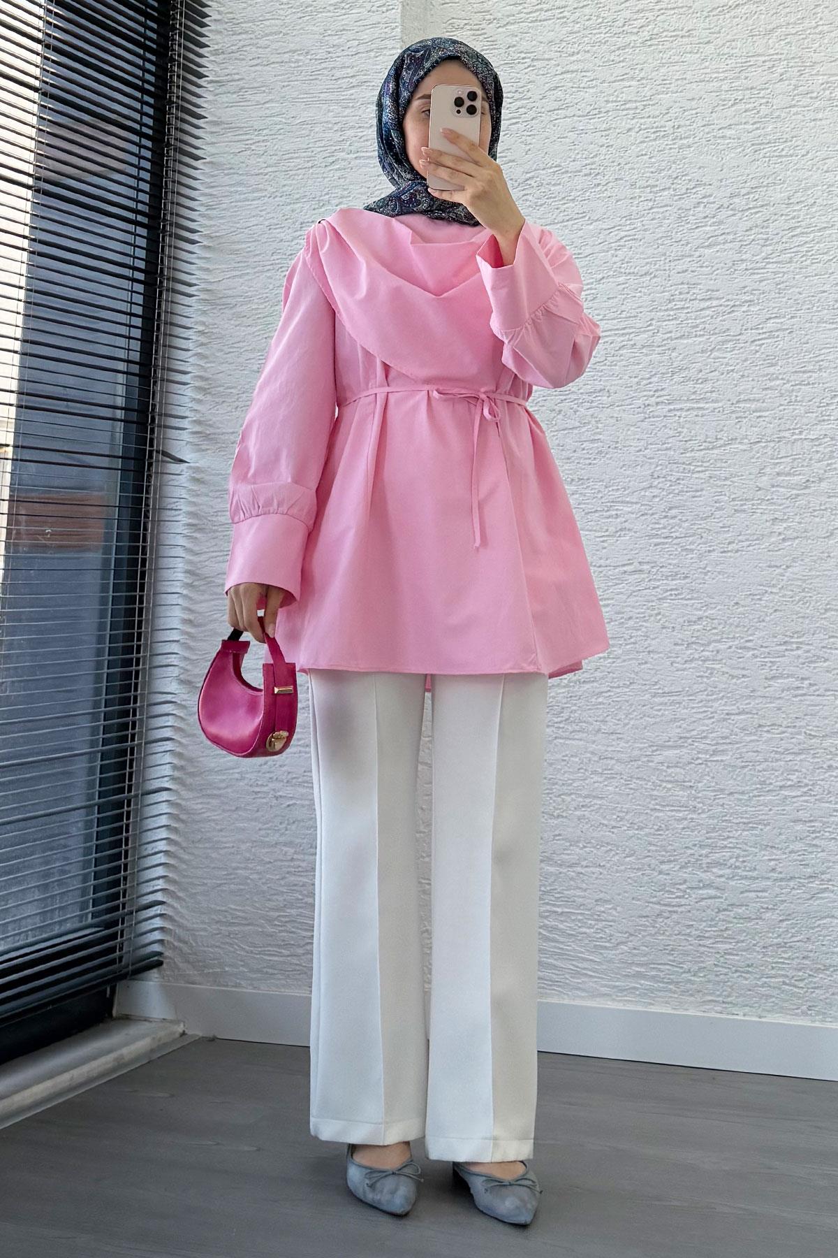 Şal Yaka Broş Detaylı Poplin Tunik – Pembe